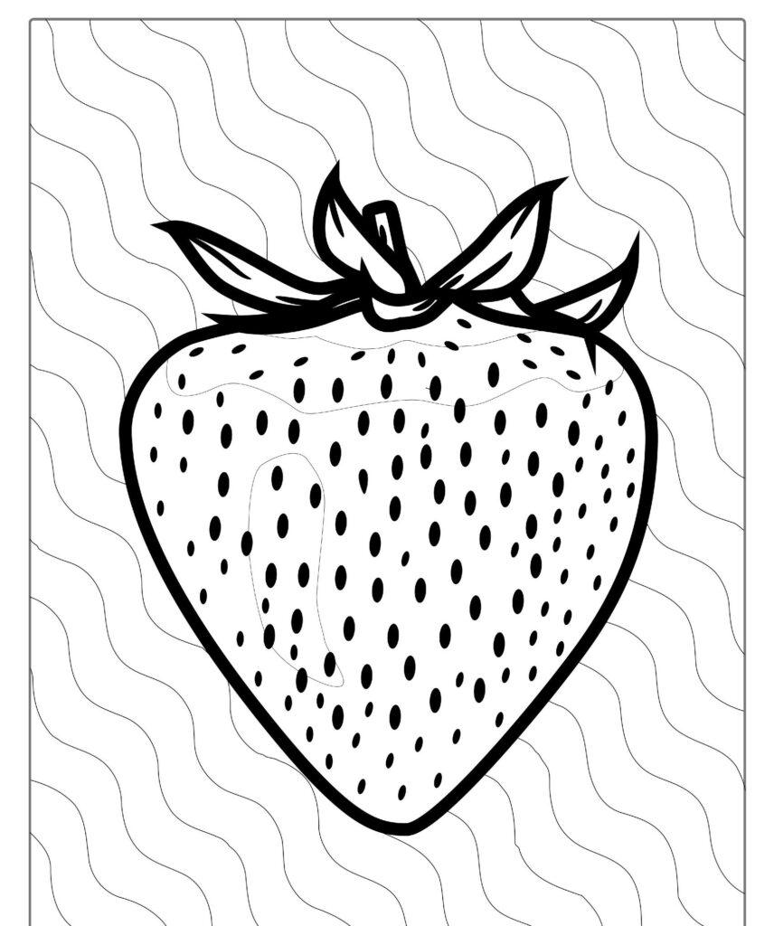 Desenho em preto e branco de um morango com um fundo abstrato ondulado, perfeito como frutas para colorir.