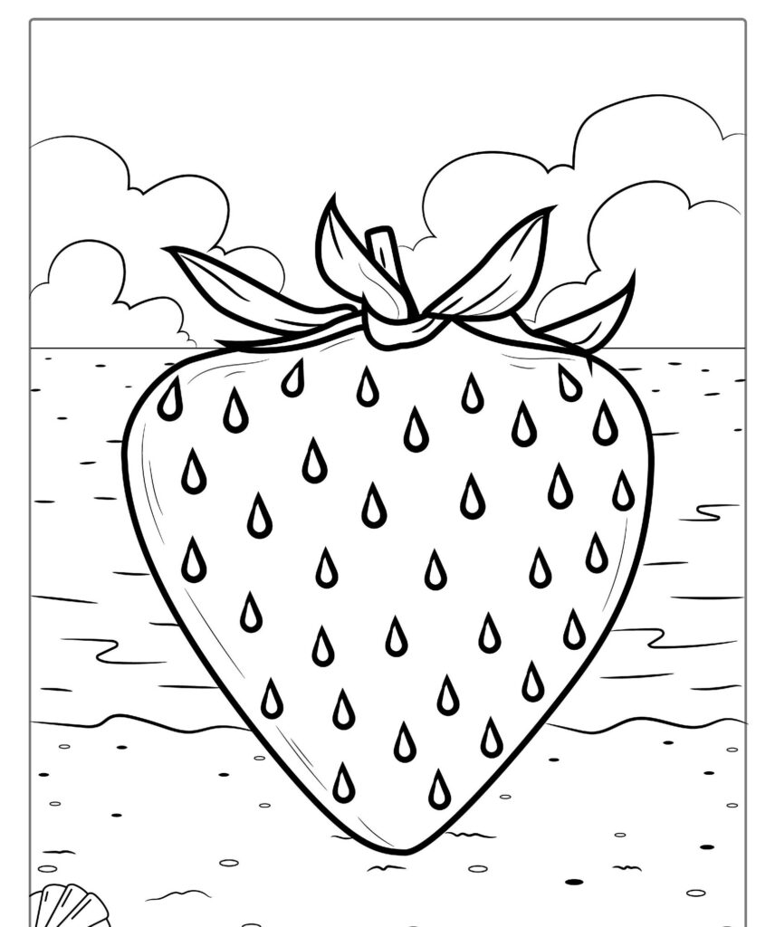 Desenho de frutas: Desenho de um morango grande em uma praia com nuvens e ondas ao fundo, perfeito para quem procura frutas para colorir.