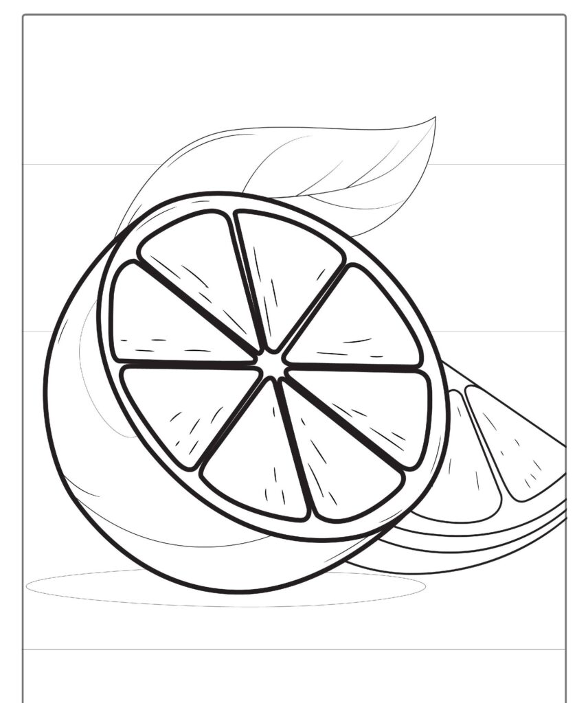 Desenho em preto e branco de uma laranja cortada ao meio, mostrando os segmentos internos, com uma folha no topo. Ideal para colorir e explorar o mundo das frutas.