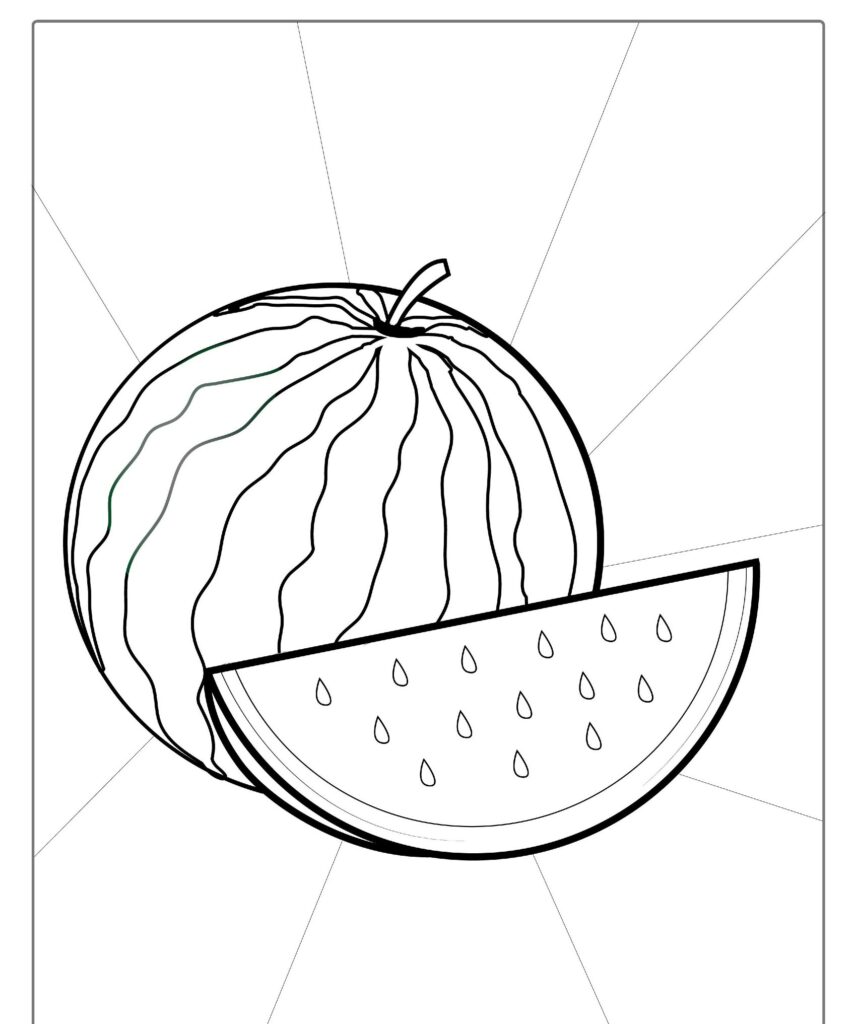 Desenho de frutas com um desenho detalhado de uma melancia inteira e uma fatia mostrando as sensações, com linhas irradiando do centro ao fundo. Ideal para colorir!