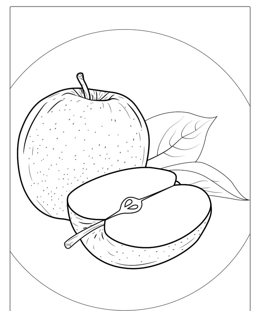 Desenho de uma maçã inteira e uma metade de maçã fatiada com folhas ao fundo, ideal para imprimir e colorir. Desenho de frutas perfeito para todas as idades.