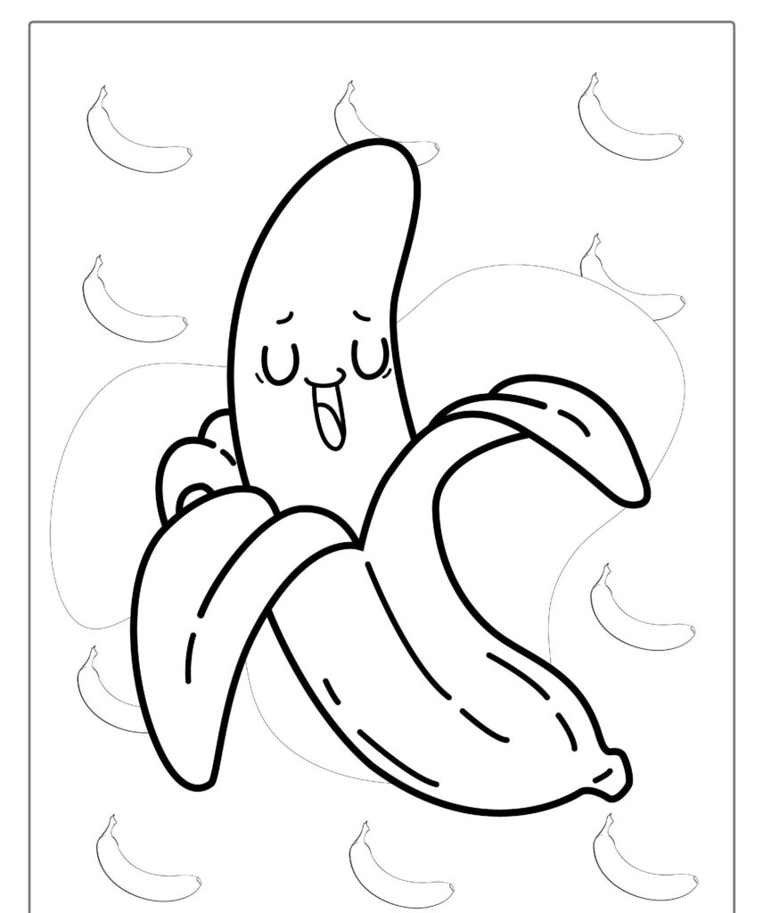 Ilustração de uma banana feliz e descascada com um rosto sorridente, em contraste com um padrão de bananas menores, perfeita para imprimir e colorir.