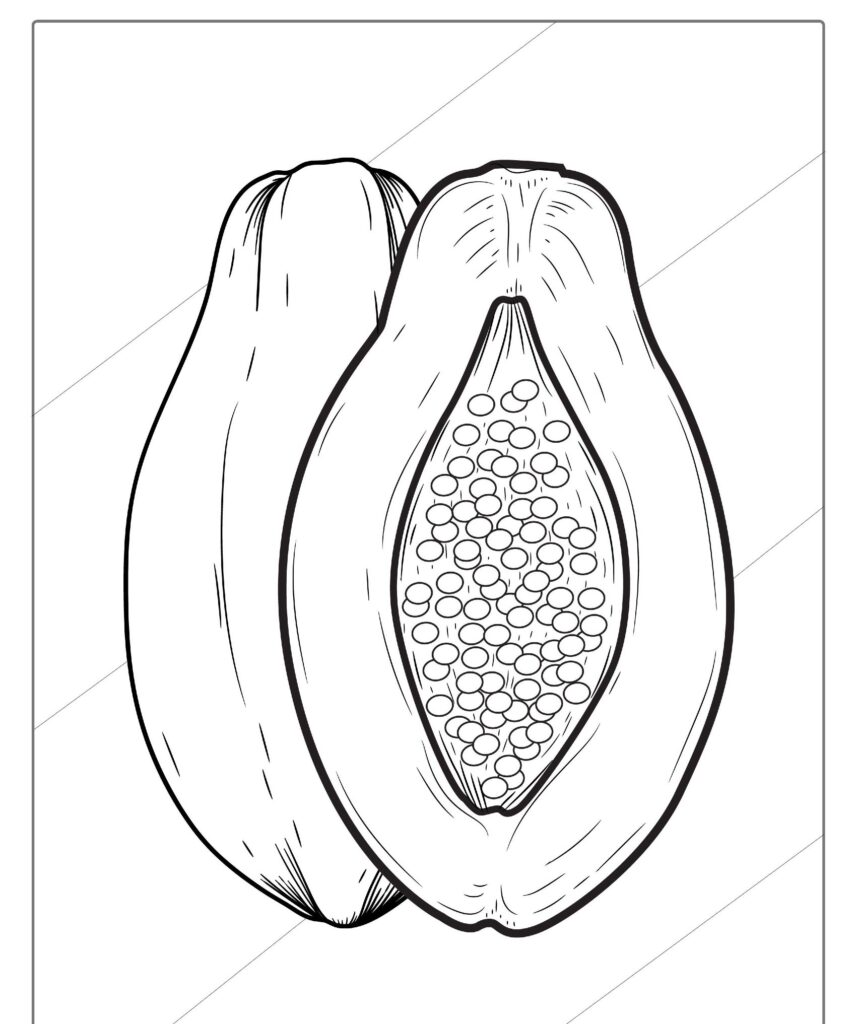 Desenho em preto e branco de um mamão inteiro e um mamão cortado ao meio mostrando sementes dentro, perfeito para colorir.