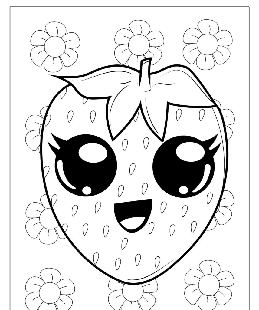 Um morango sorridente de desenho animado com olhos grandes e flores ao fundo, perfeito para colorir. Desenho divertido de frutas!