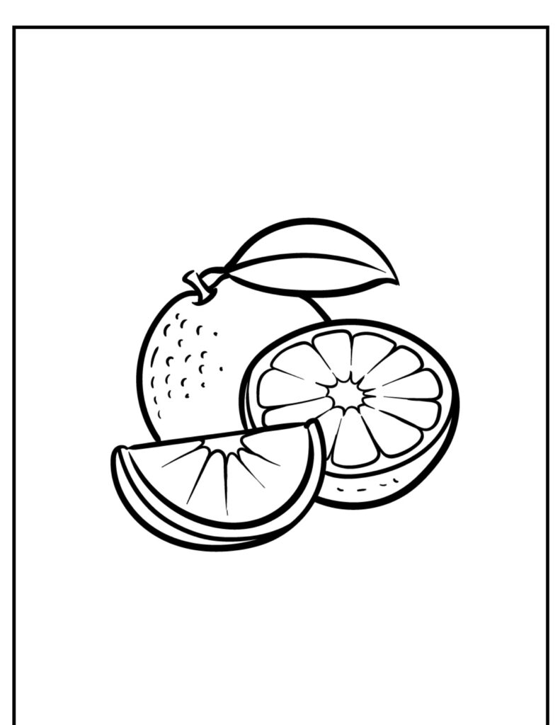 Desenho em preto e branco de um limão inteiro, metade de um limão e uma rodela de limão com uma folha no topo. Ideal para colorir, este desenho de frutas capta detalhes nítidos das frutas.