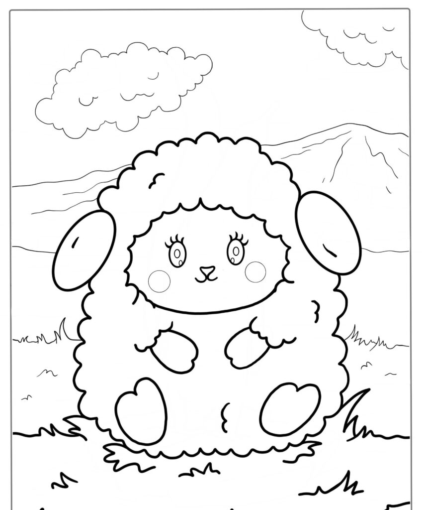 Um desenho animado de uma ovelha fofa com orelhas grandes sentado na grama, cercado por montanhas e nuvens ao fundo, pronto para colorir.