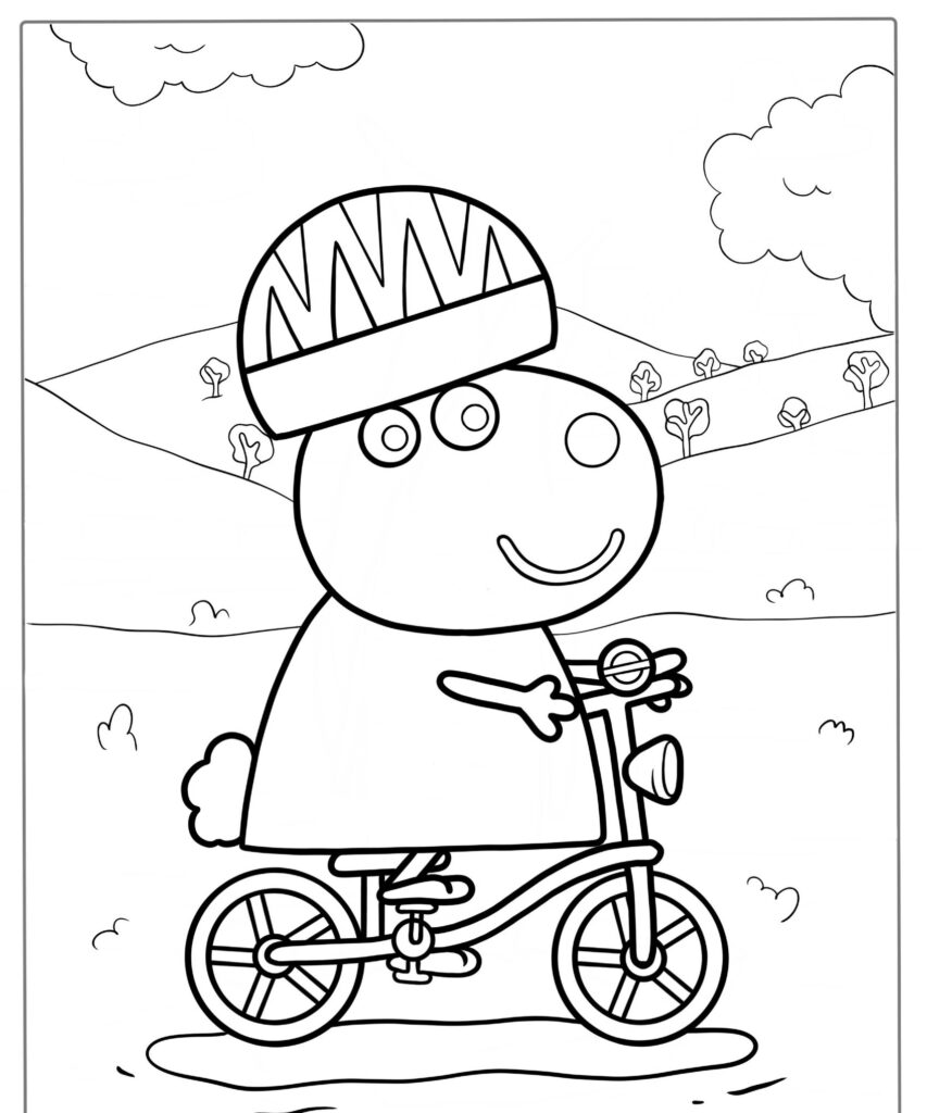 Um Desenho de Ovelha andando de bicicleta em uma cena rural, usando capacete e sorrindo sob um céu nublado, só esperando para colorir.