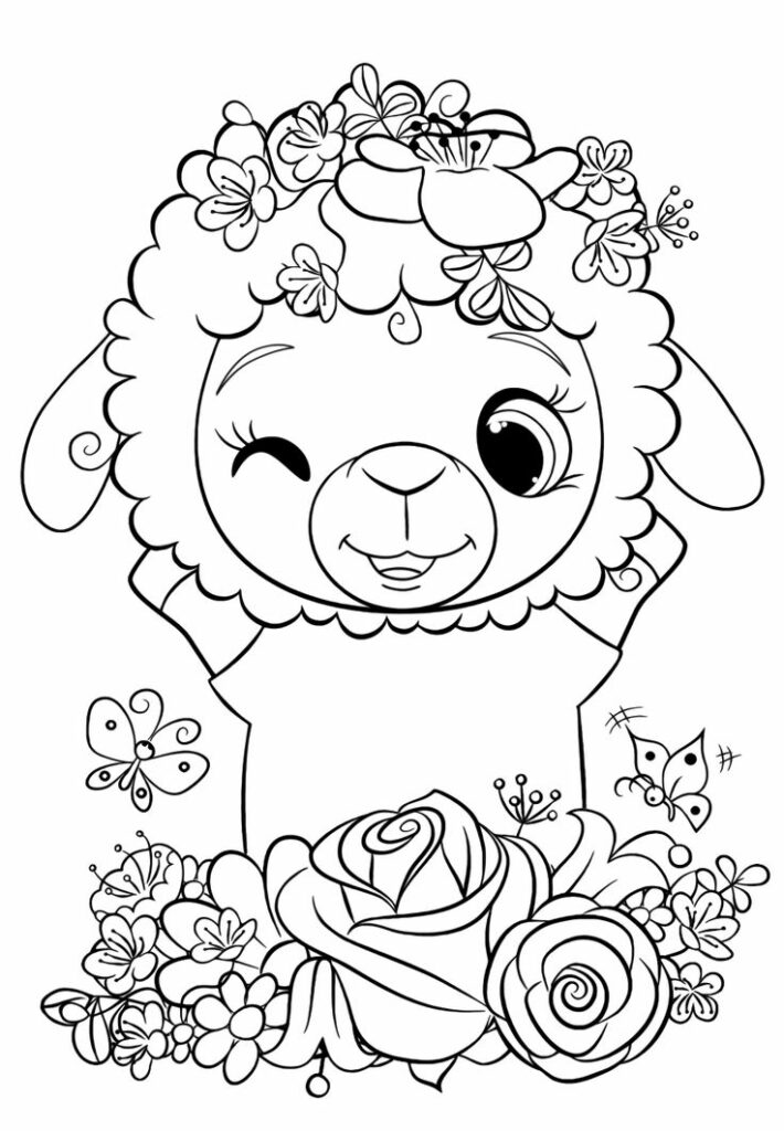 Uma ovelha de desenho animado piscando com flores em sua lã e mais flores com borboletas na parte inferior, perfeita para colorir.