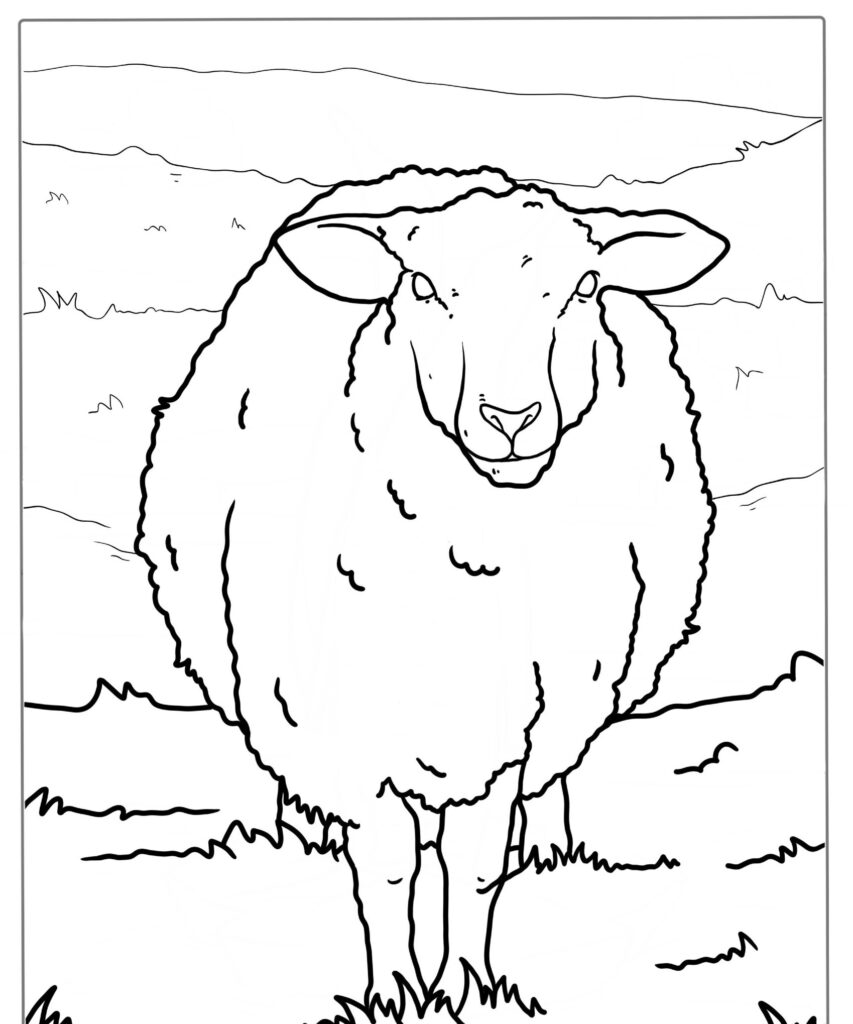 Um desenho em preto e branco de uma ovelha parada em um campo gramado com colinas ao fundo, perfeito para colorir.