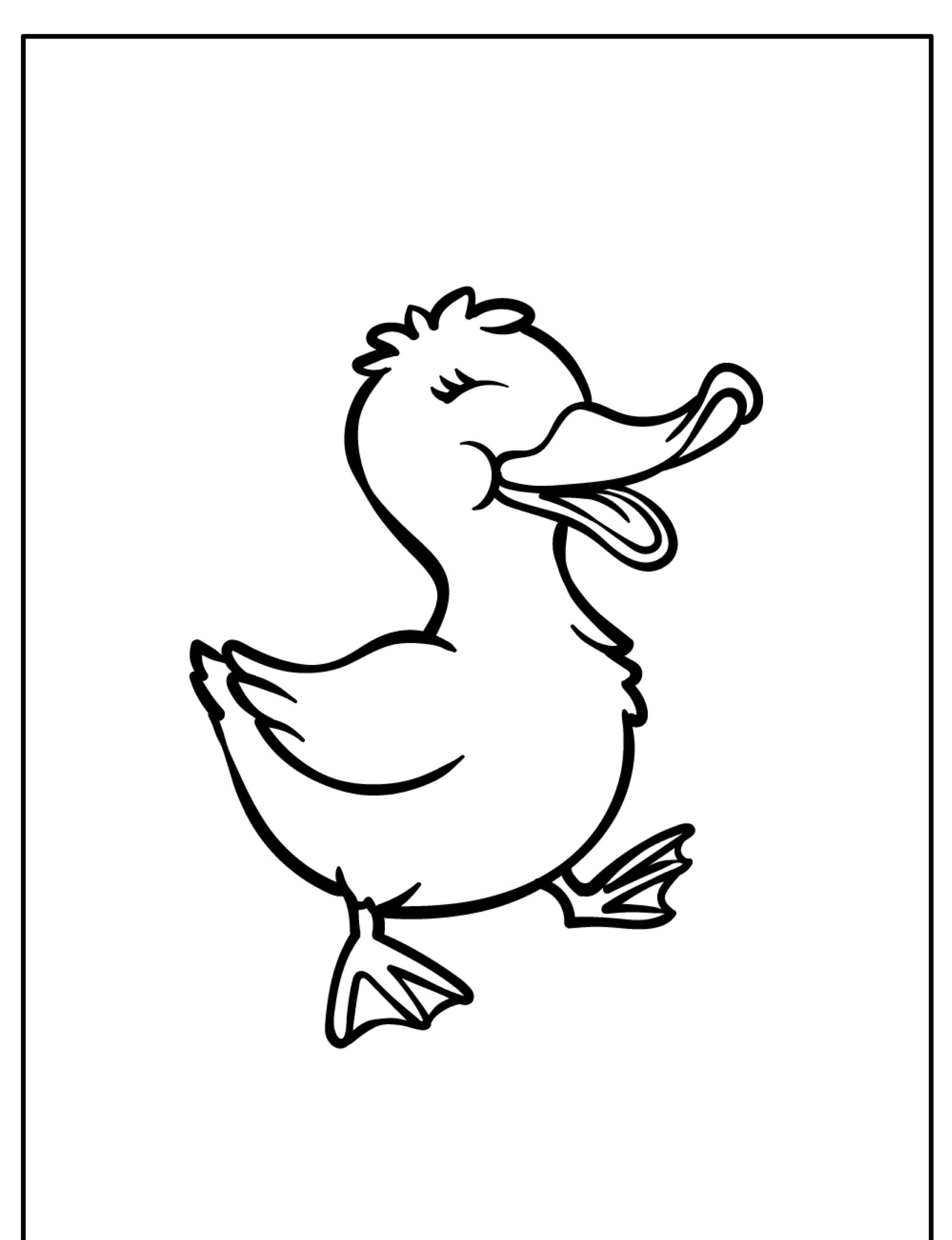 Um desenho simples em preto e branco de um pato sorridente com olhos fechados e uma pata levantada, perfeito para colorir.