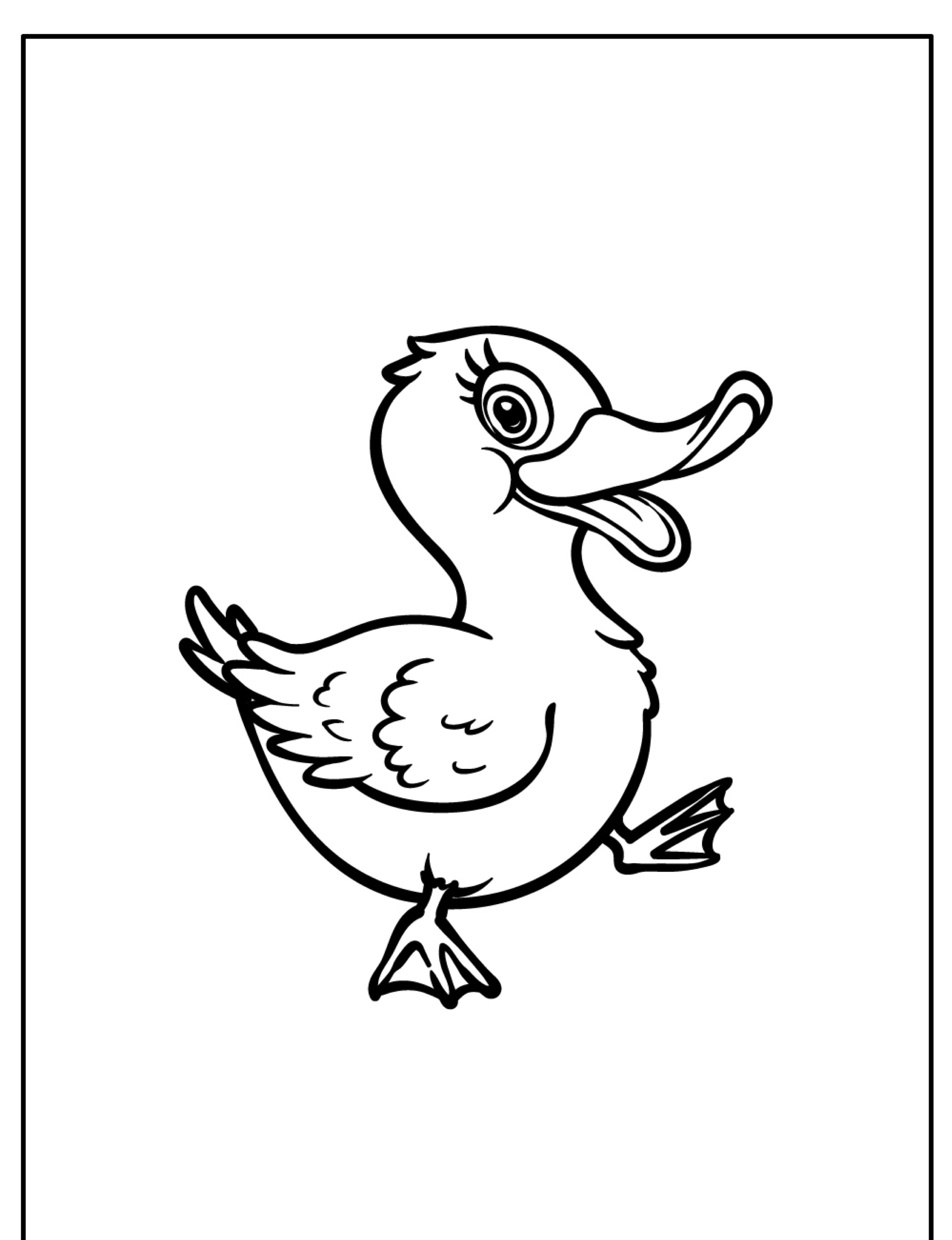 Desenho em preto e branco de um pato feliz em pé, virado para a esquerda, com o bico aberto e a pata levantada, perfeito para quem procura desenhos de patos para colorir.