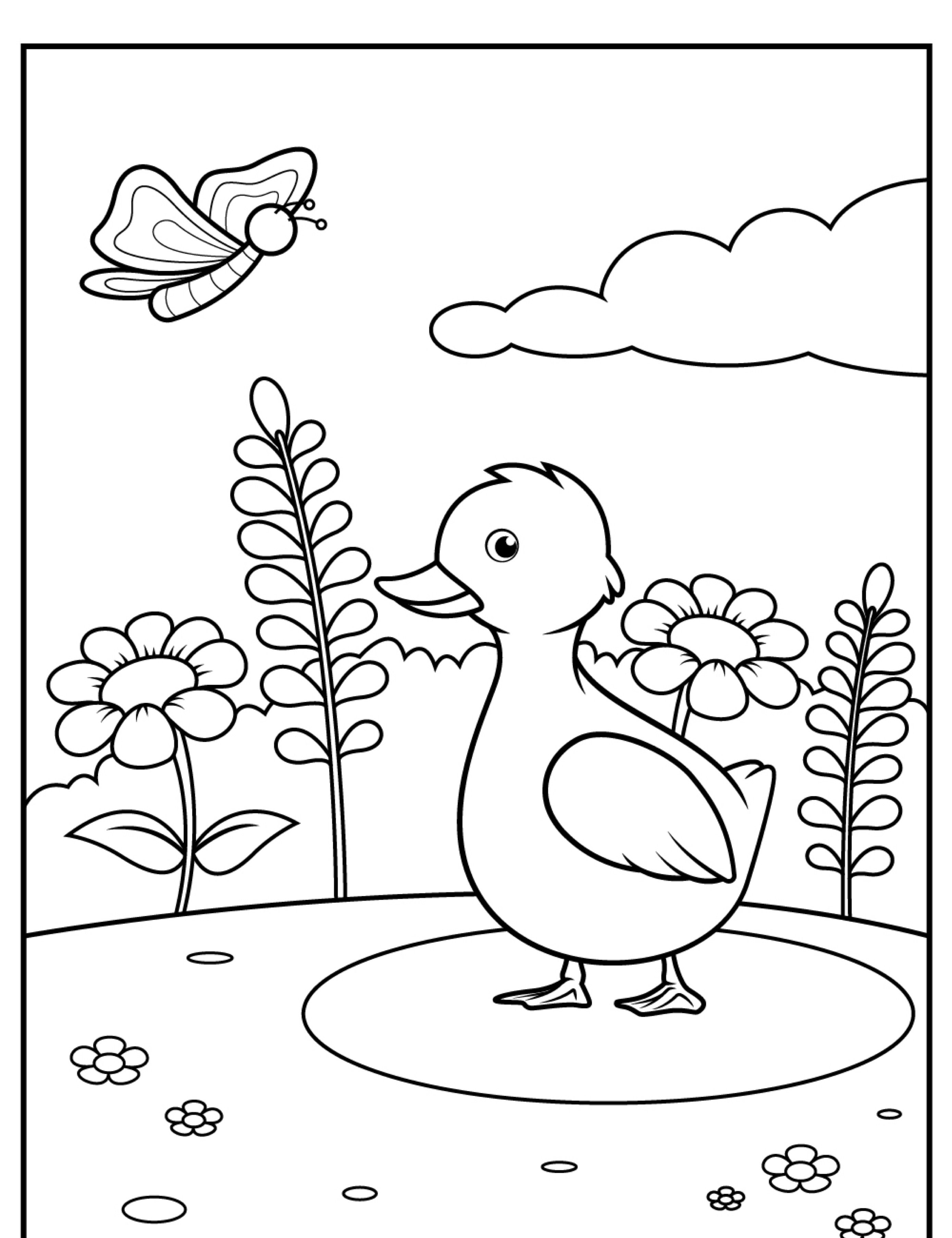 Um patinho está em um jardim cercado por flores, olhando para uma borboleta no céu contra um fundo de nuvens, perfeito para colorir desenhos de patos.