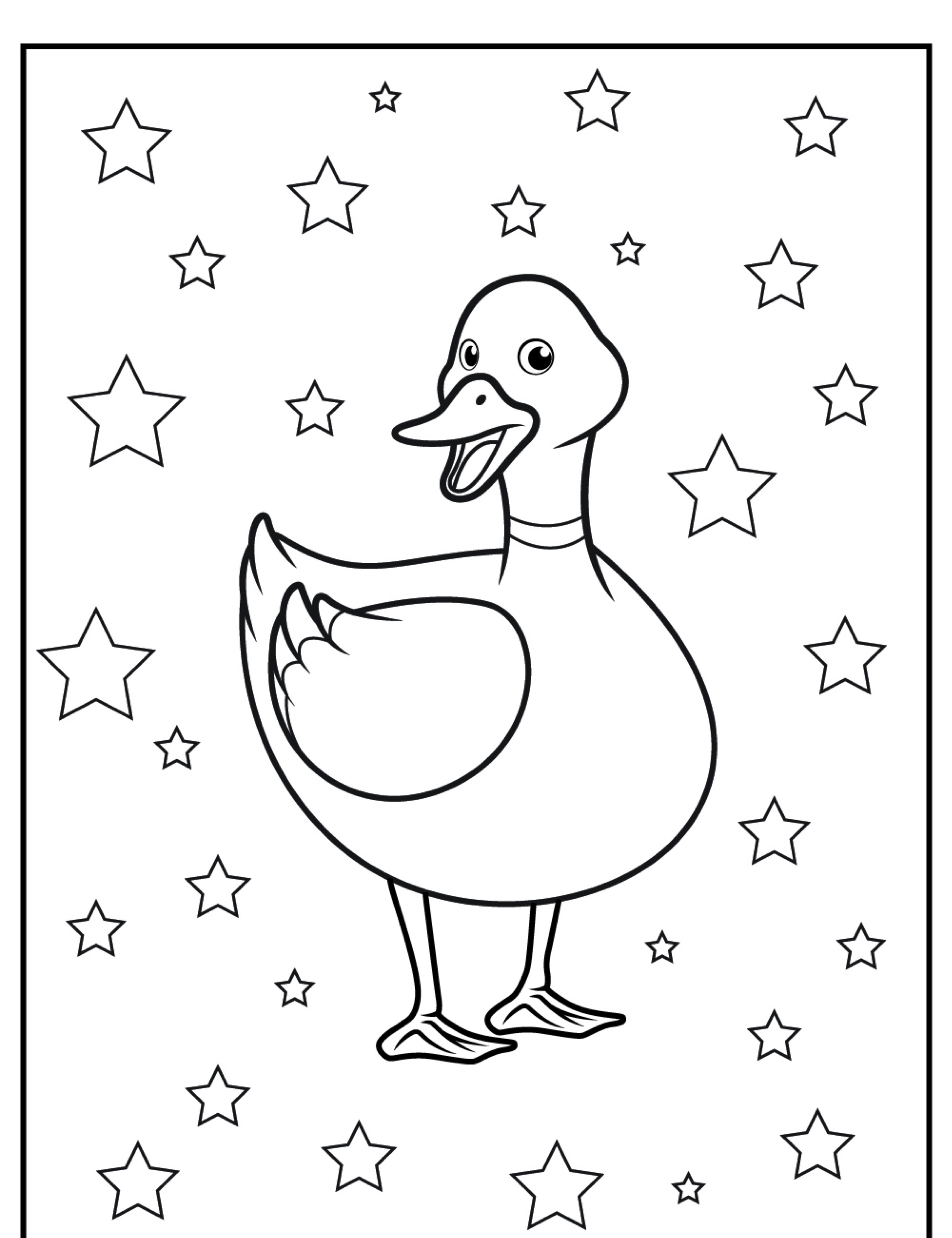 Um pato sorridente parado entre as estrelas em uma página para colorir da Desenhos de Patos, pronto para colorir e alegrar seu dia.