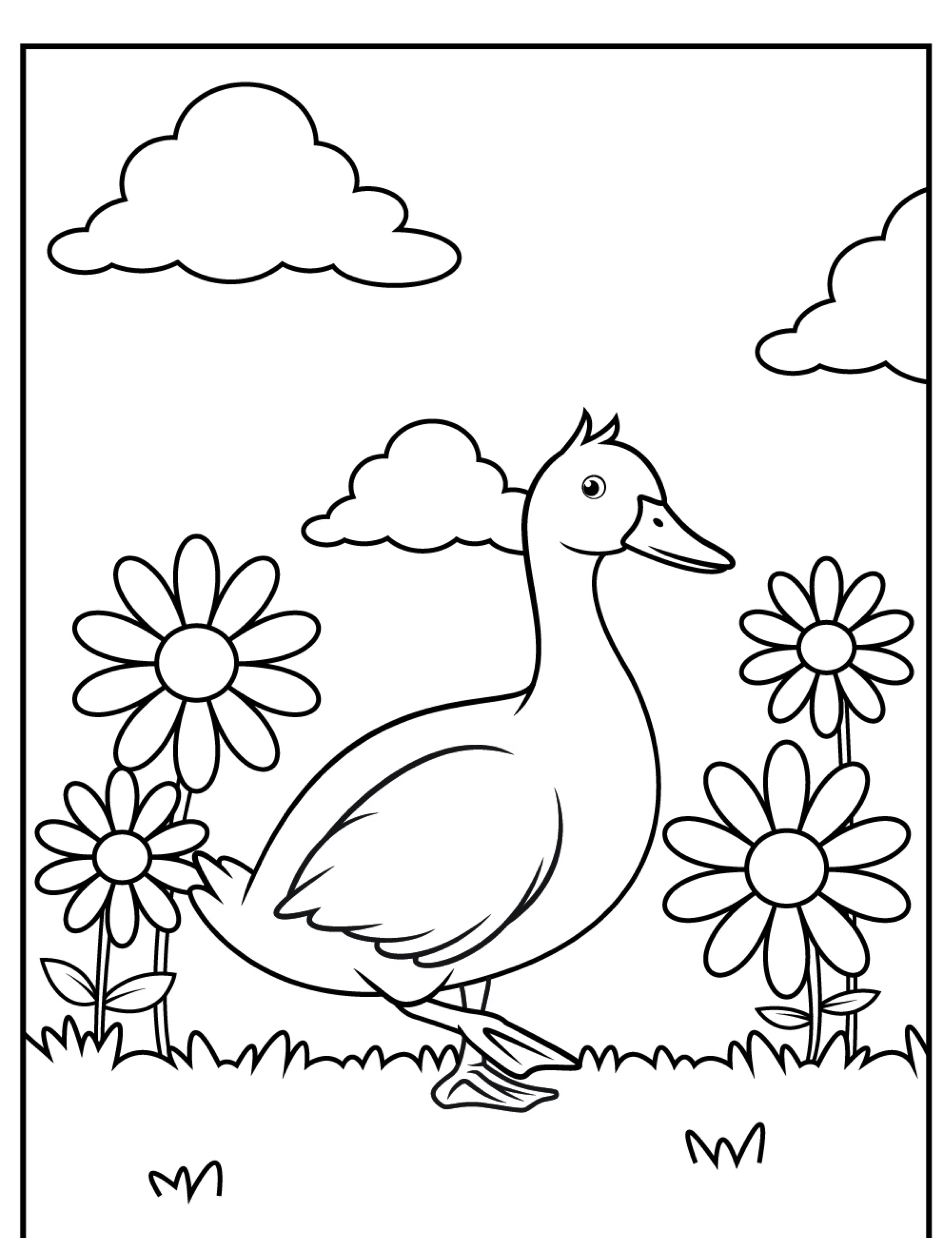 Uma página para colorir com um pato cercado por grandes flores e nuvens ao fundo, perfeita para aqueles que adoram patos para colorir.