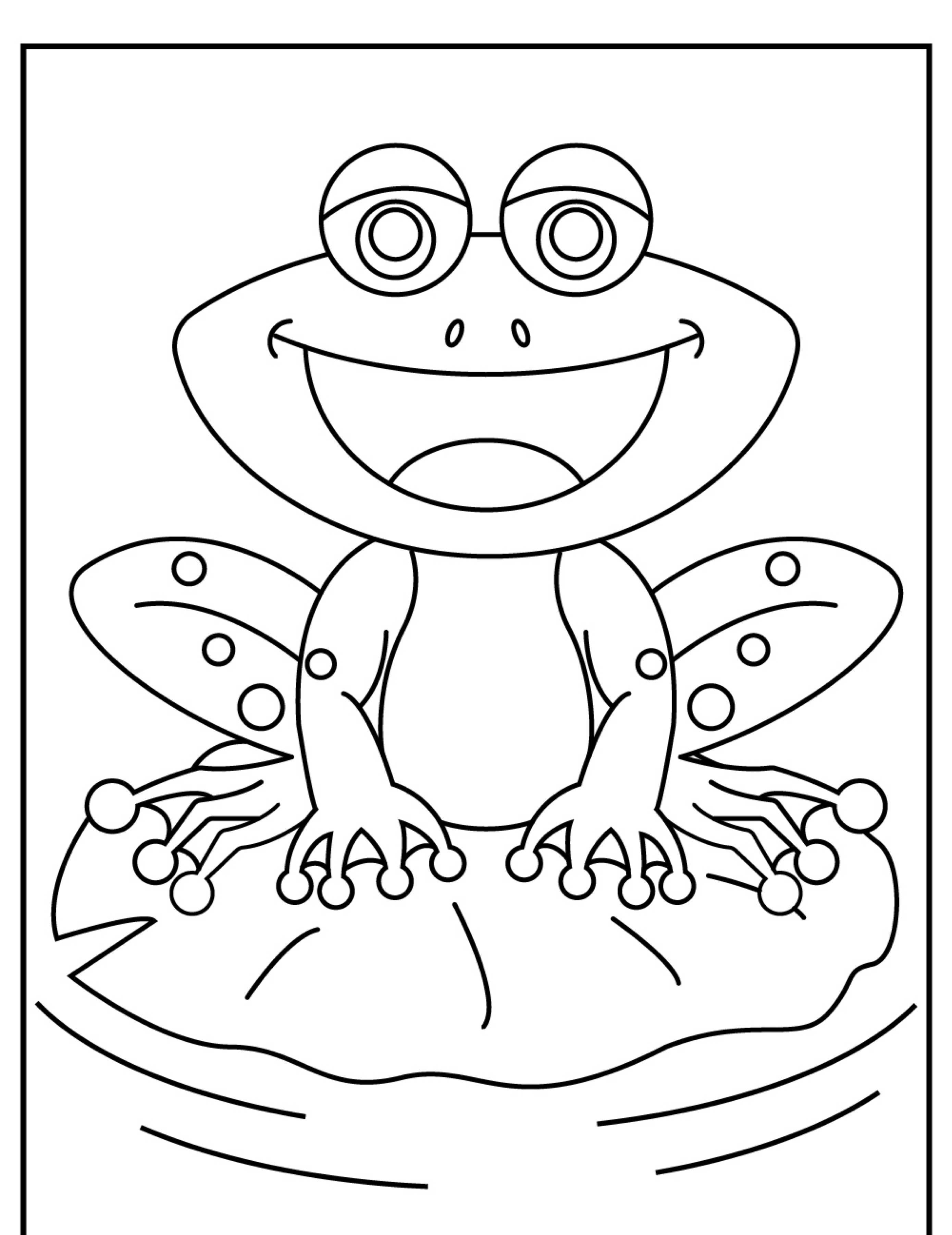 Um sapo de desenho animado com um grande sorriso está sentado em uma folha de lírio, pronto para ser colorido neste delicioso "Desenho de Sapo para Colorir".