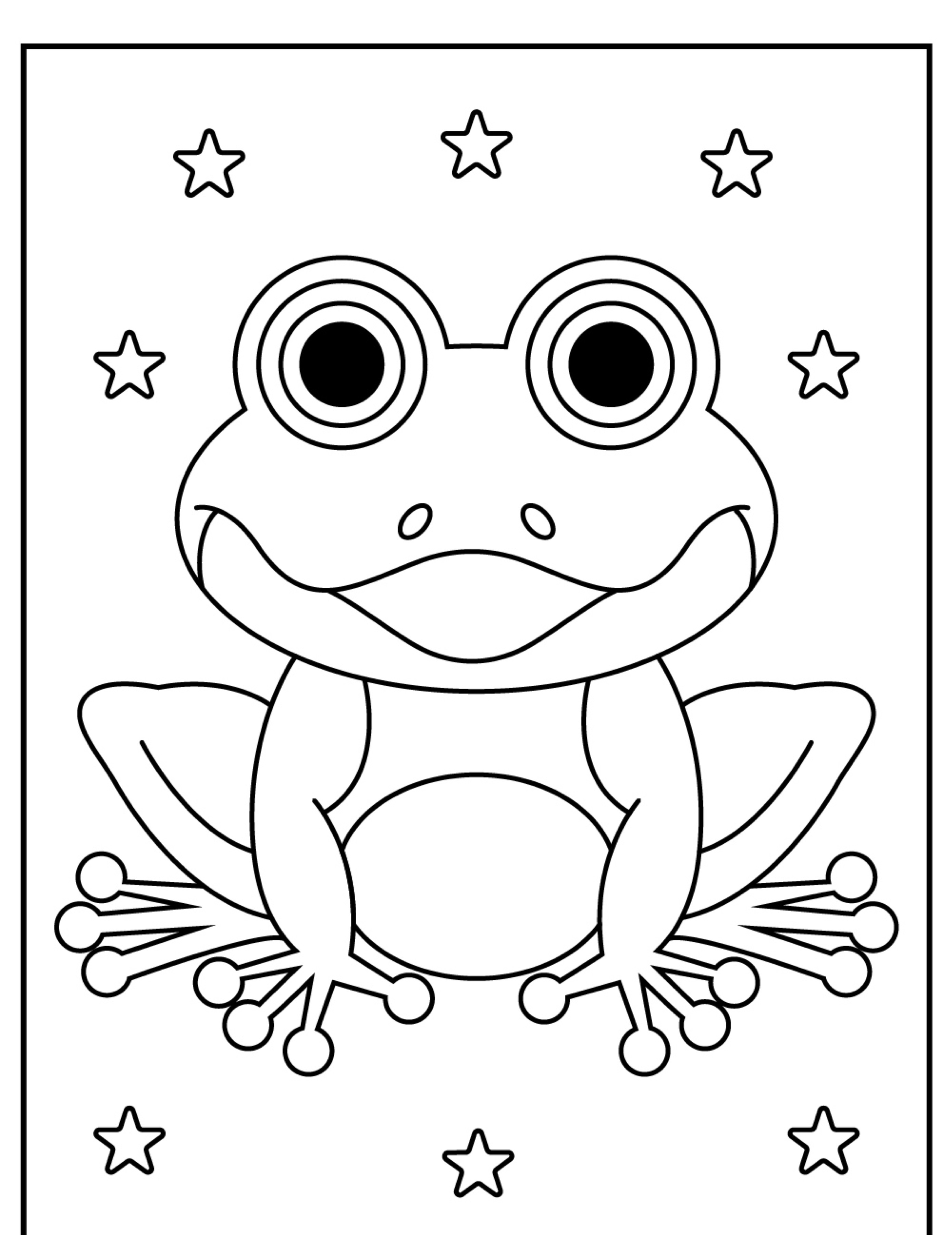 Um desenho simples de um sapo com olhos grandes, cercado por estrelas, perfeito para colorir.