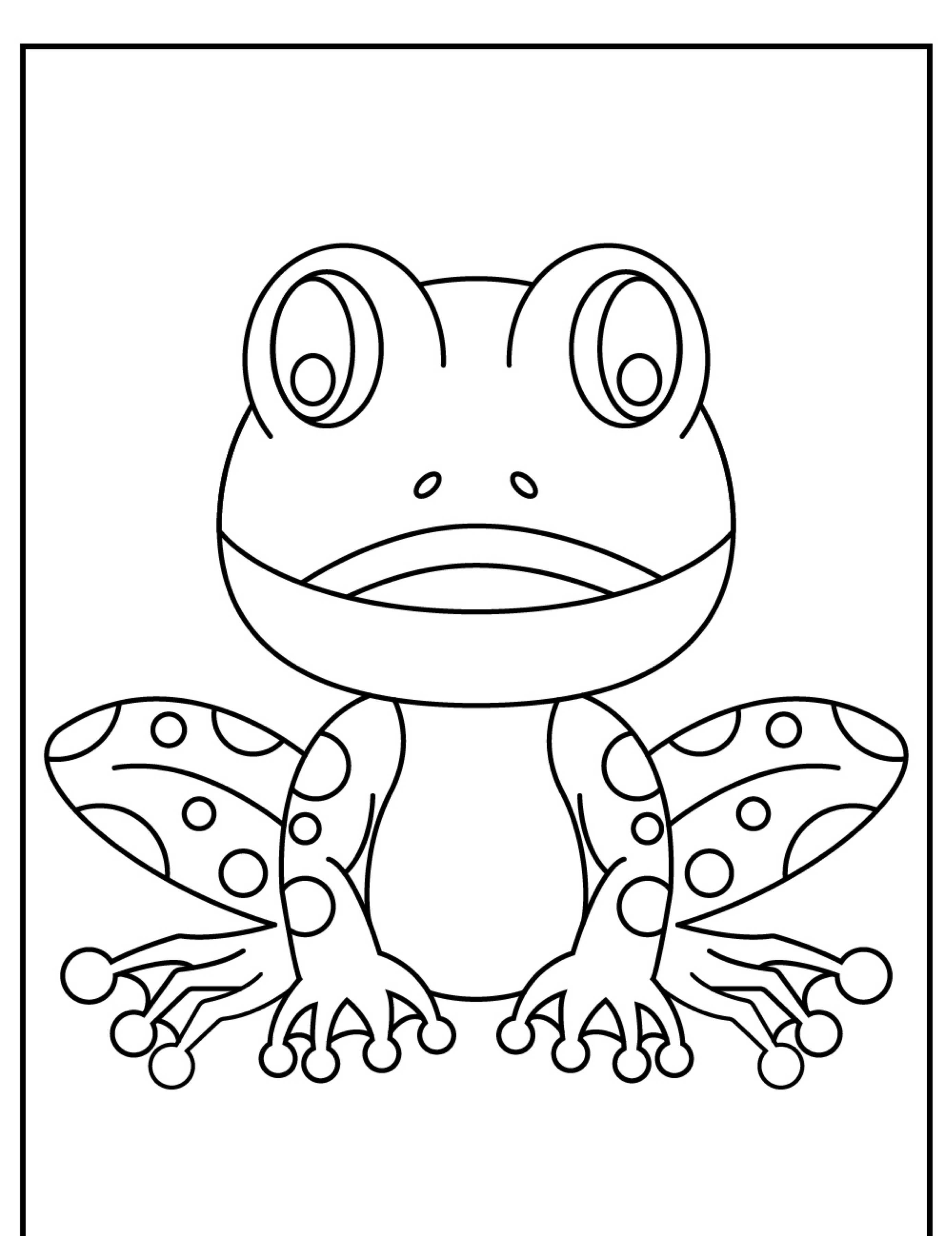 Um desenho em preto e branco de um sapo de desenho animado com olhos grandes, pernas malhadas e pés palmados, perfeito para colorir.