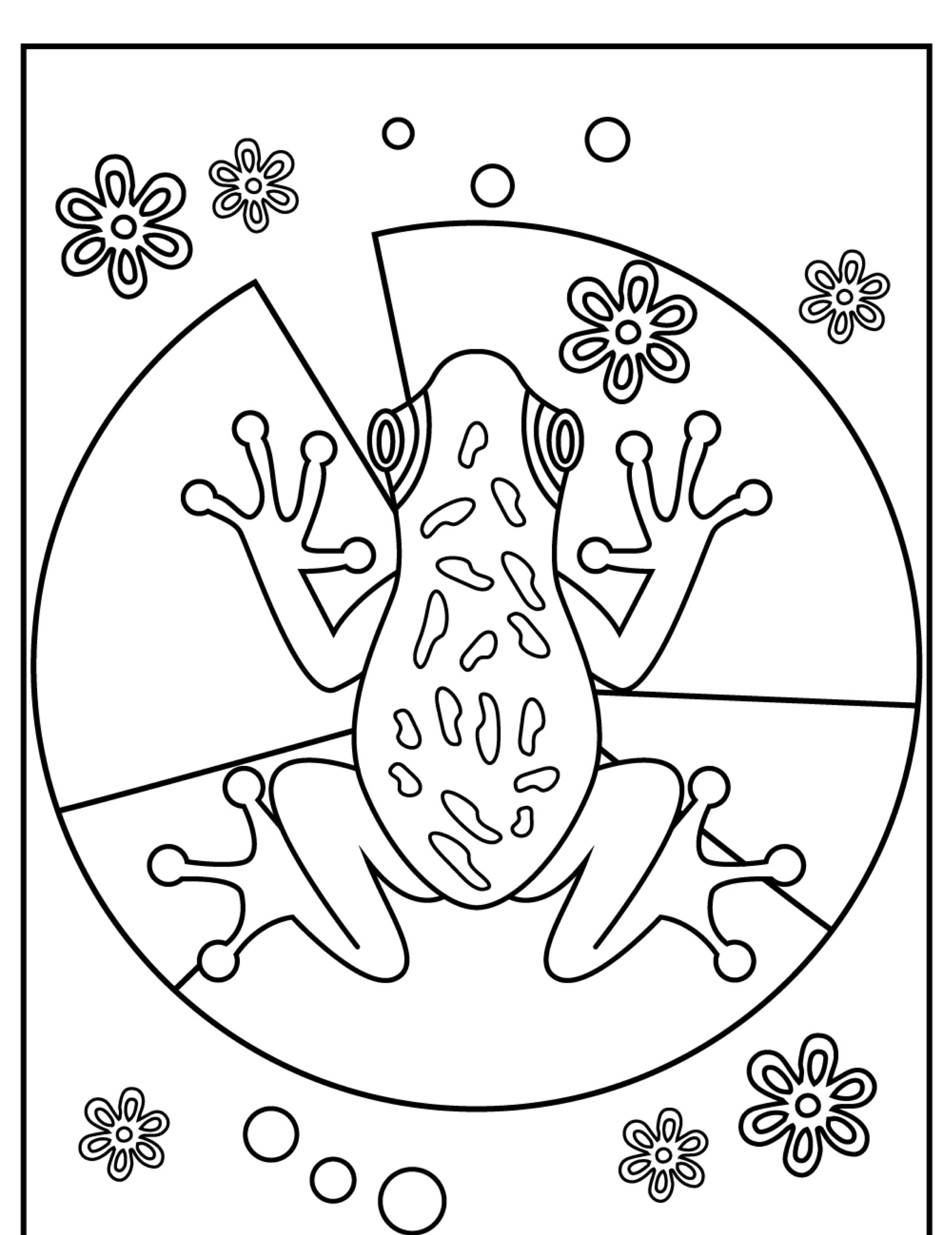 Arte linear de um desenho de sapo com flores e círculos no fundo, pronto para ser colorido.