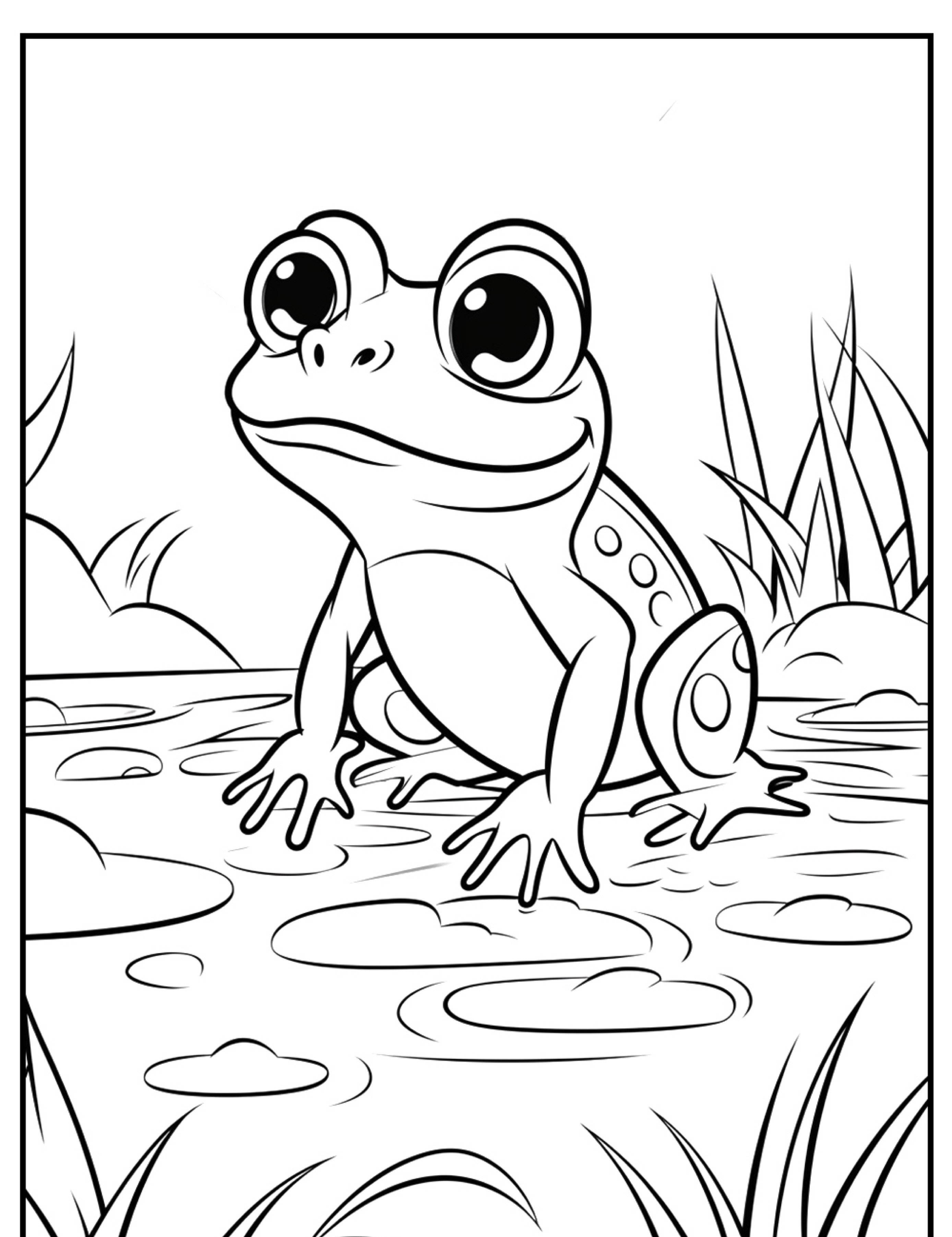 Um sapo fofo com olhos grandes sentado perto de um lago cercado por plantas em um desenho encantador para você colorir.