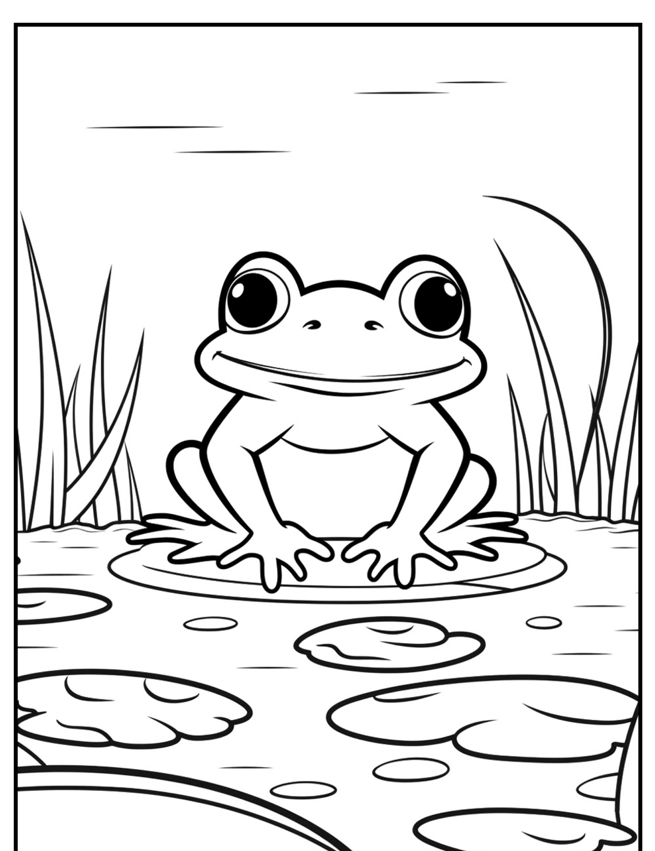 Um sapo sorridente sentado em uma almofada de nenúfar em um lago com grama alta ao fundo. Desenho em preto e branco, perfeito para colorir.