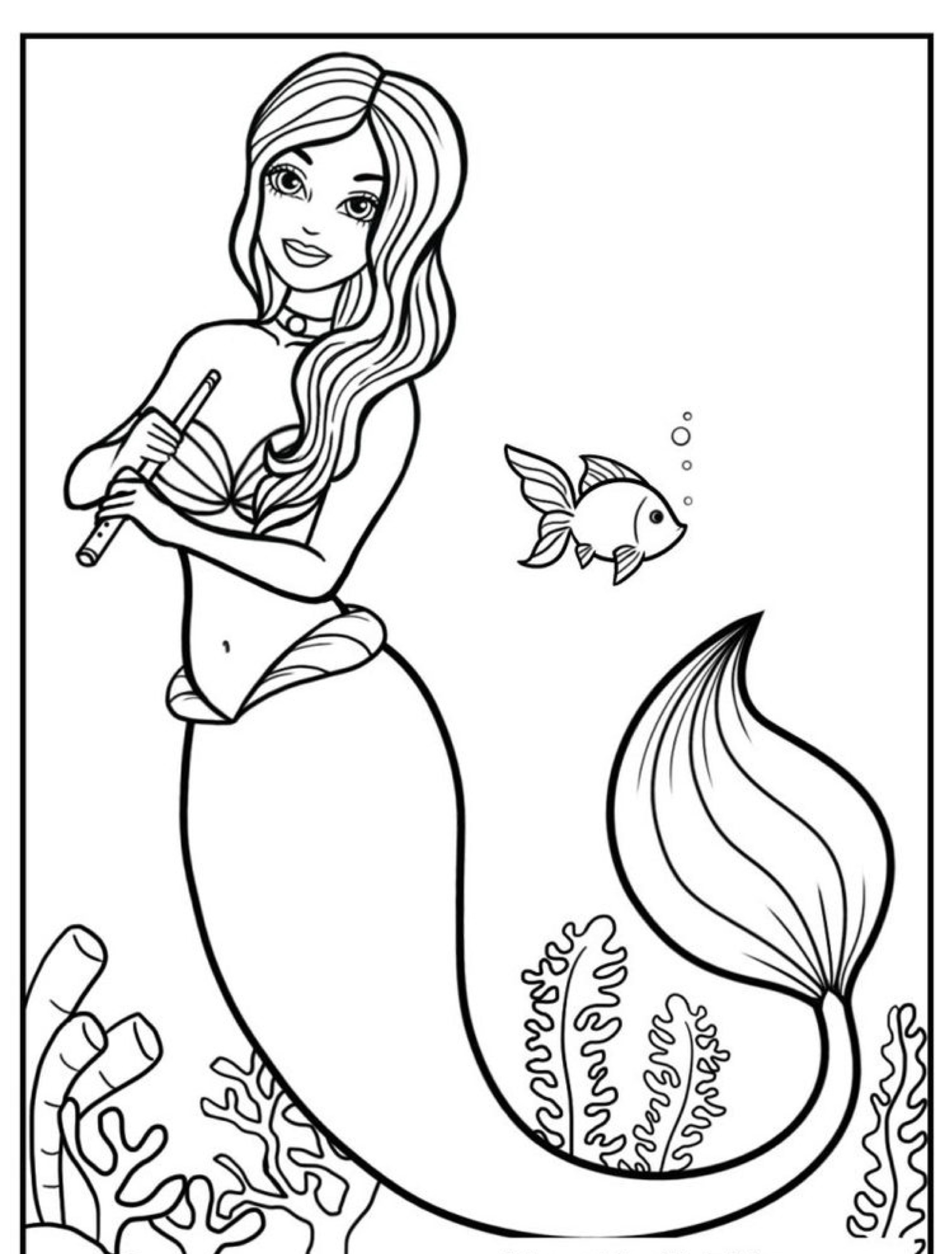 Uma sereia sorrindo com cabelos longos, segurando uma flauta, cercada por algas e corais, com um peixe nadando por perto. Este encantador desenho de sereia é perfeito para sessões de colorir. Para colorir.