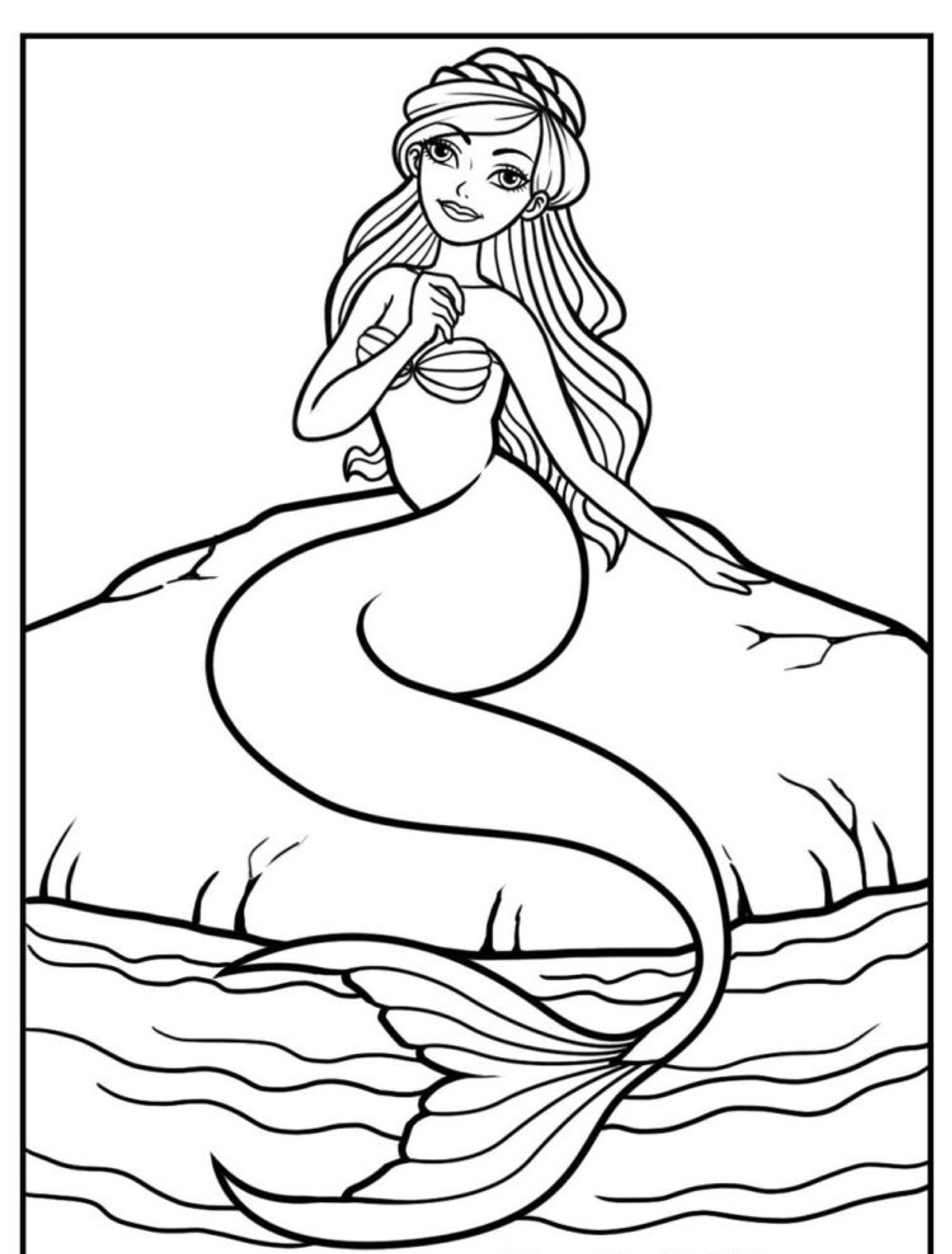 Desenho de Sereia: Página para colorir em preto e branco de uma sereia sentada em uma pedra, com o rabo submerso na água, perfeita para colorir. Para colorir.