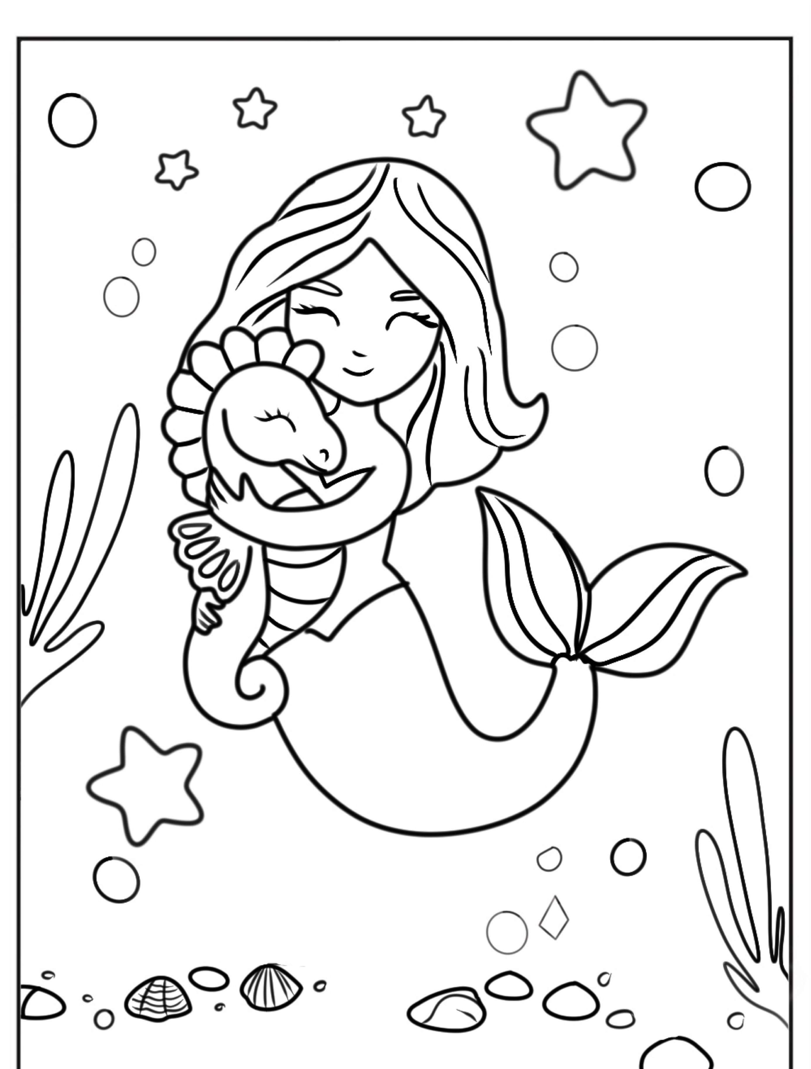 Uma sereia abraça amorosamente um cavalo-marinho em meio a plantas subaquáticas, bolhas e estrelas neste desenho em preto e branco, perfeito para colorir. Para colorir.