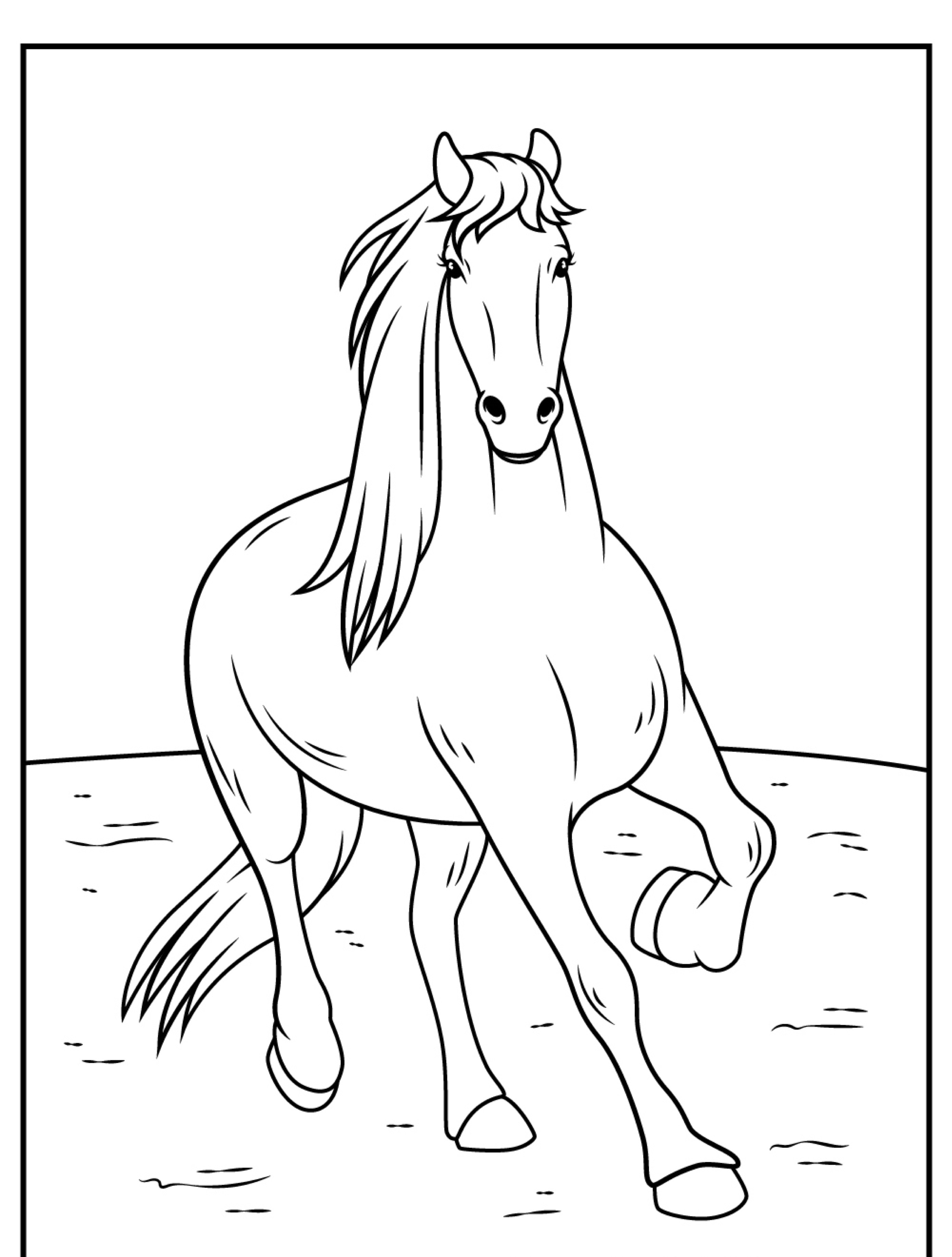 Desenho de um cavalo andando, com sua crina esvoaçante e uma perna dianteira levantada. Este desenho de cavalo tem um fundo simples e sem adornos — ideal como um desenho para colorir.