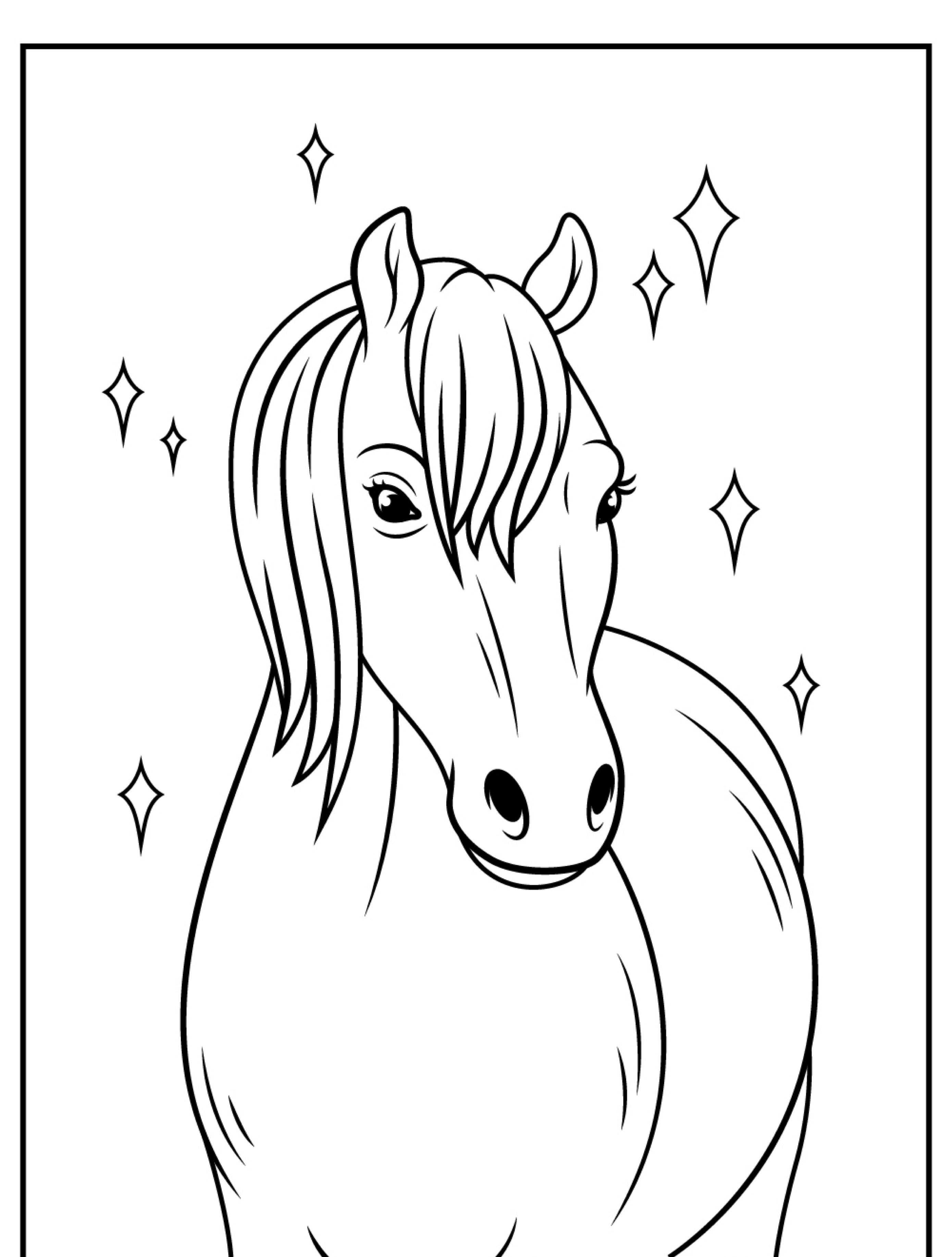 Um desenho simples de um cavalo com estrelas ao redor, perfeito como um desenho para colorir. O cavalo tem uma crina ondulada e está virado para frente.