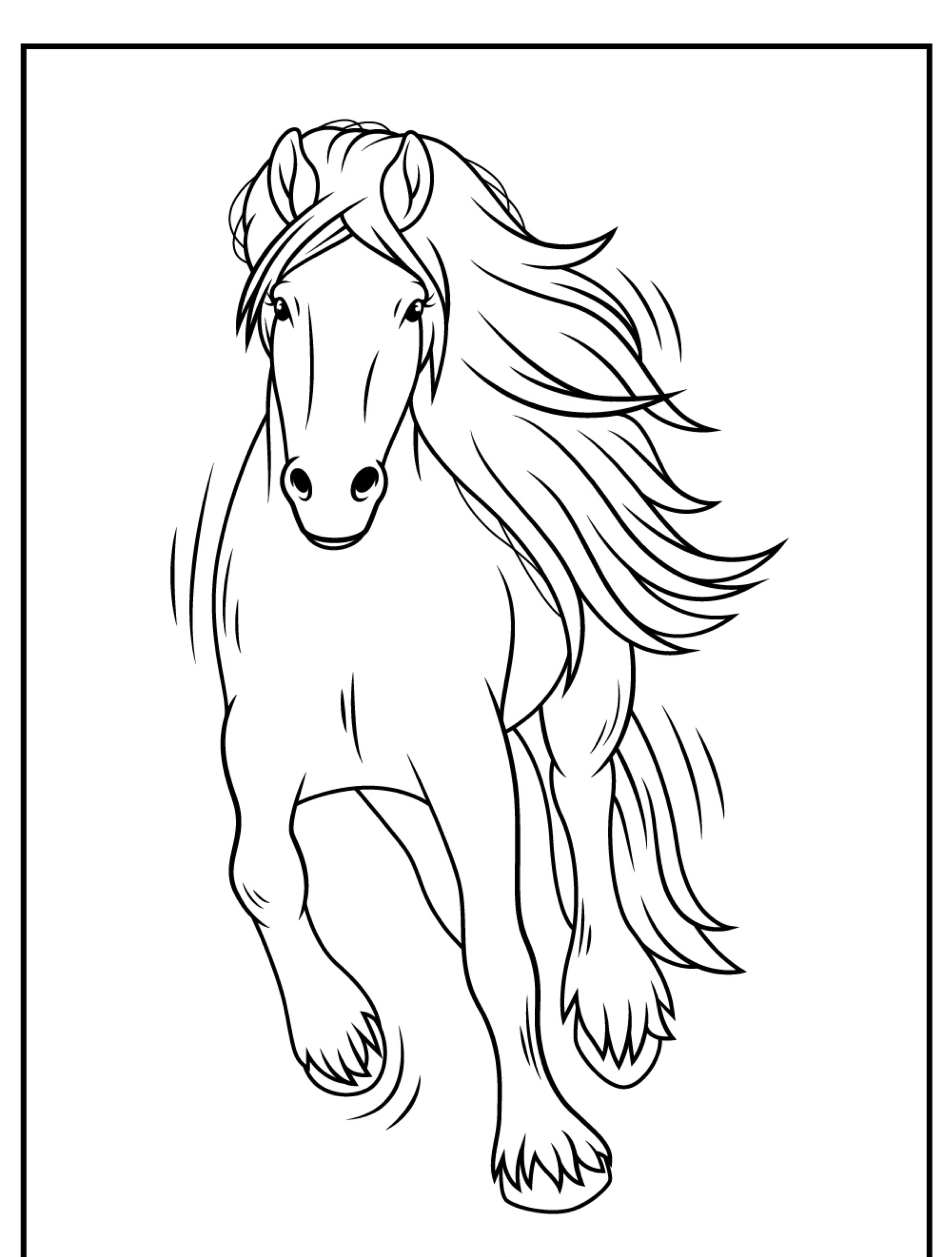 Desenho de um cavalo majestoso correndo para frente, com crina e cauda esvoaçantes, perfeito para colorir.