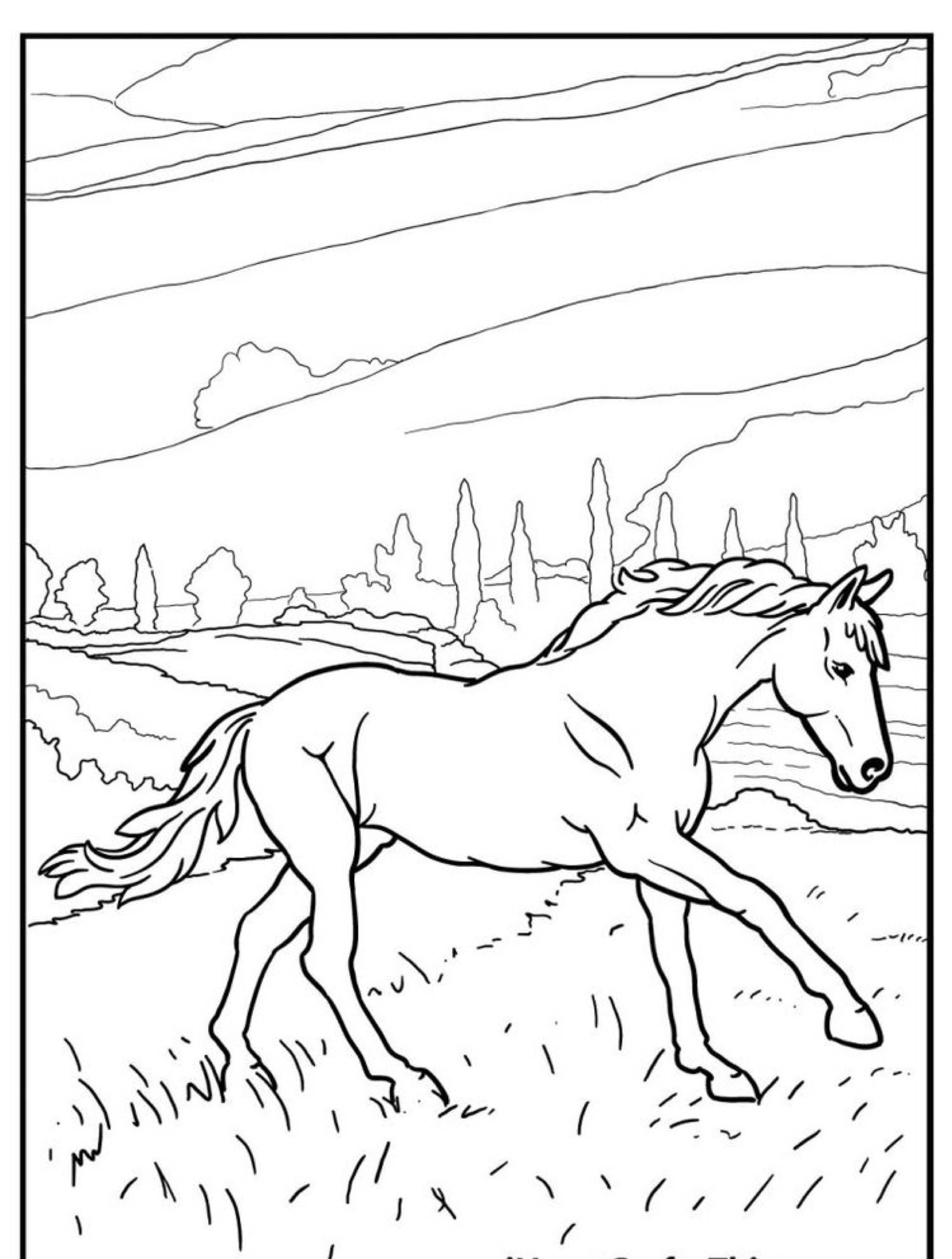 Desenho de um cavalo para colorir trotando por um campo gramado com colinas e árvores ao fundo.