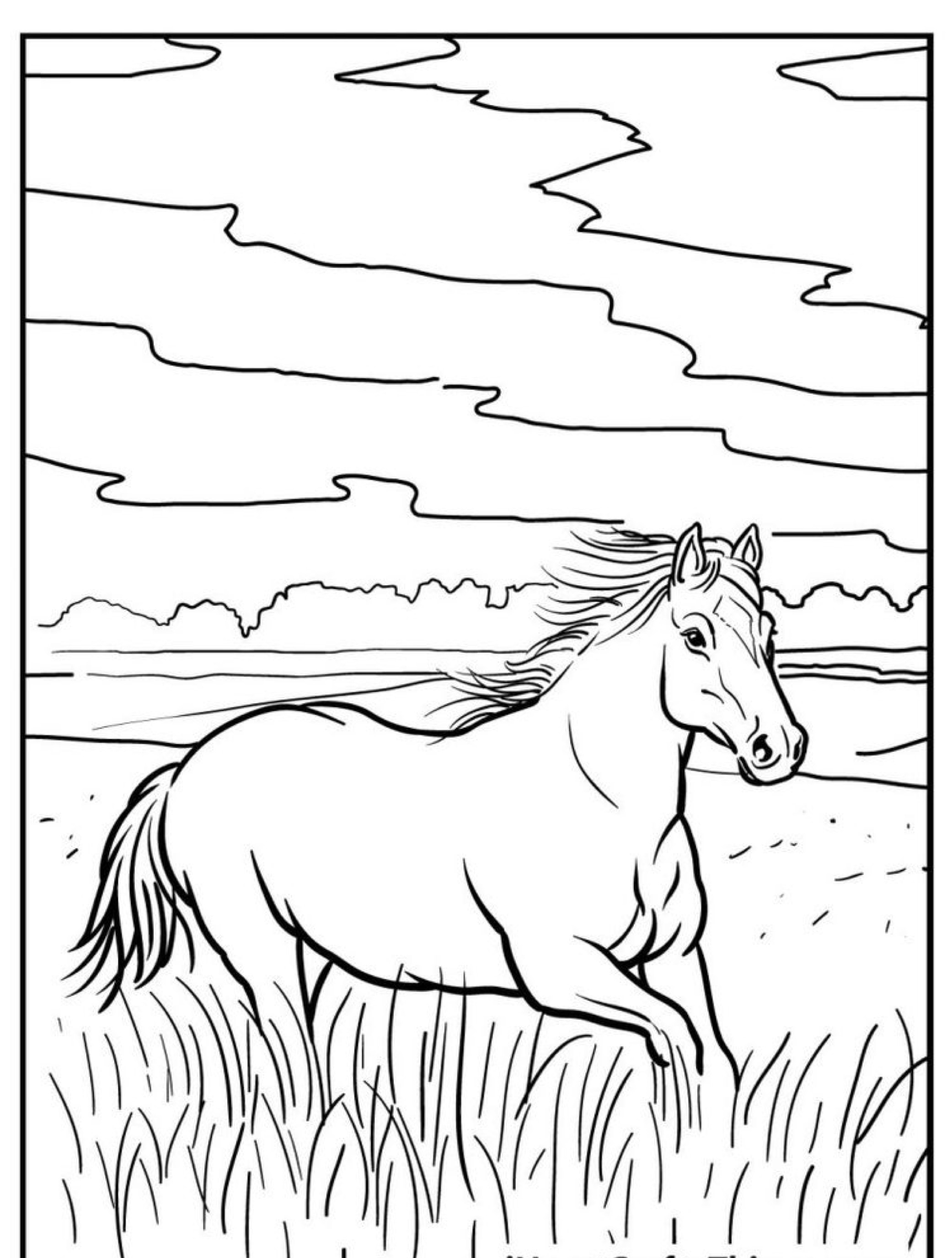 Um cavalo para colorir corre pela grama alta sob um céu nublado neste desenho em preto e branco.