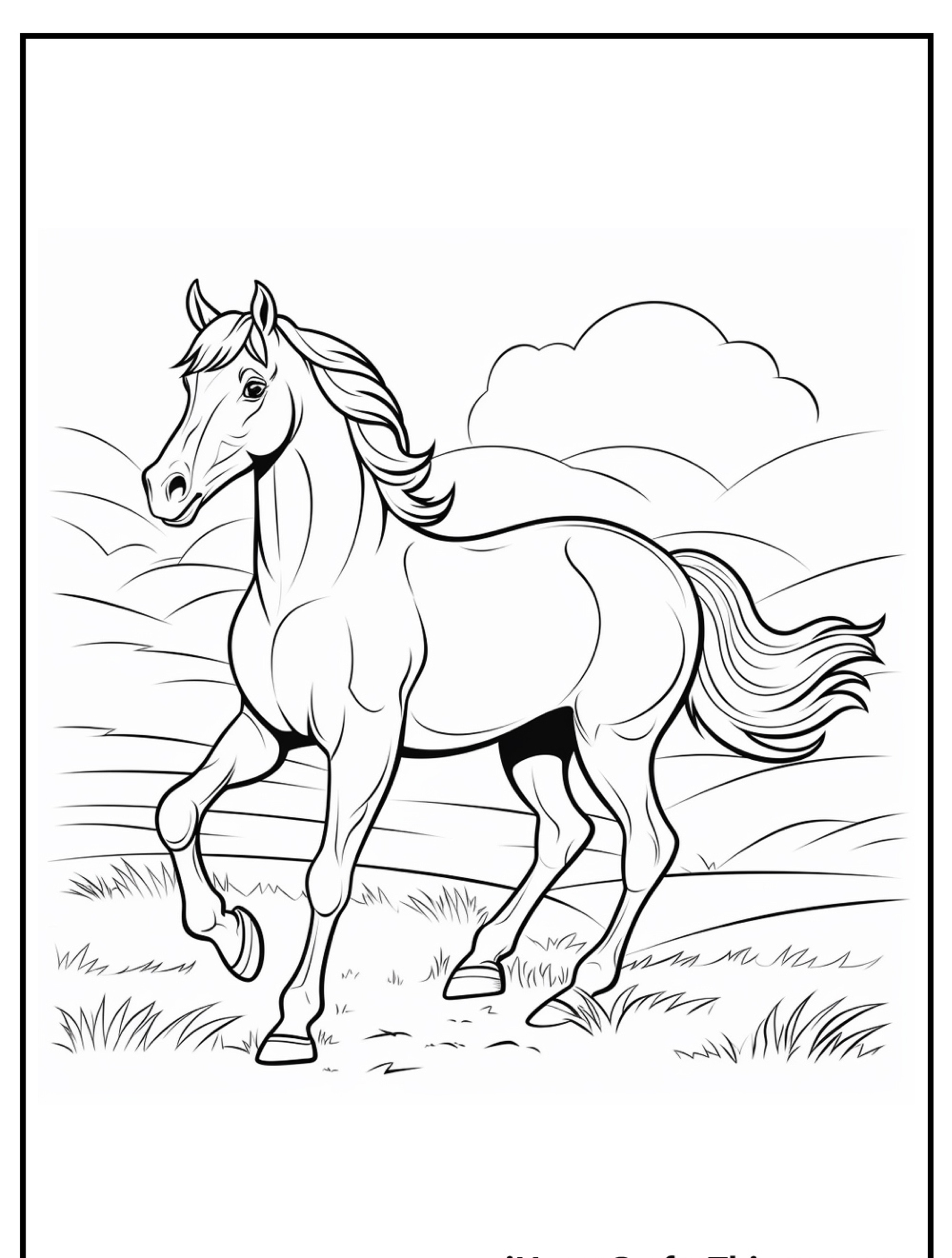 Um desenho em preto e branco de um cavalo trotando por um campo gramado com colinas e nuvens ao fundo, perfeito como uma atividade de cavalo para colorir.