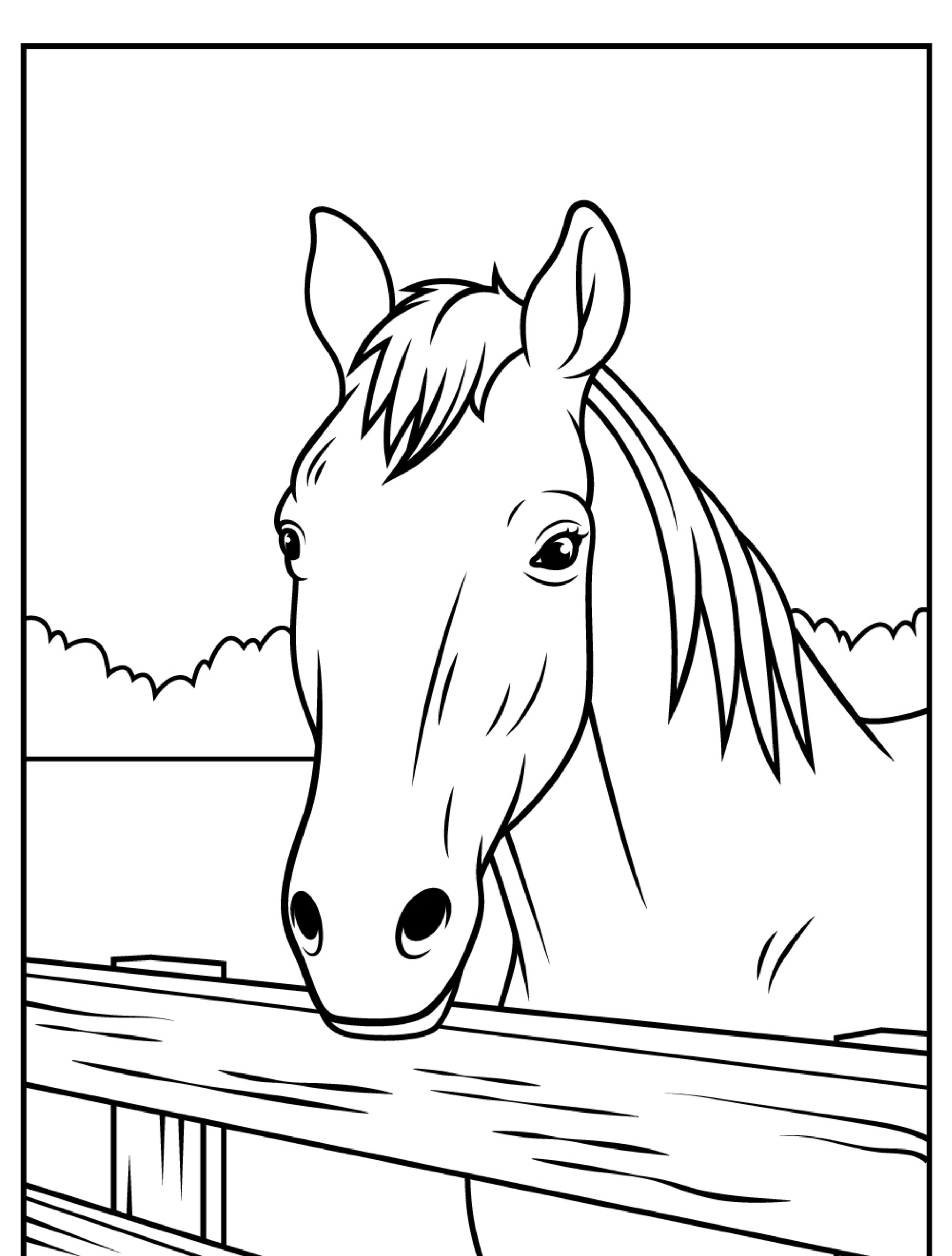 Um desenho de um cavalo espiando por cima de uma cerca com nuvens ao fundo, perfeito como um desenho de cavalo para colorir.