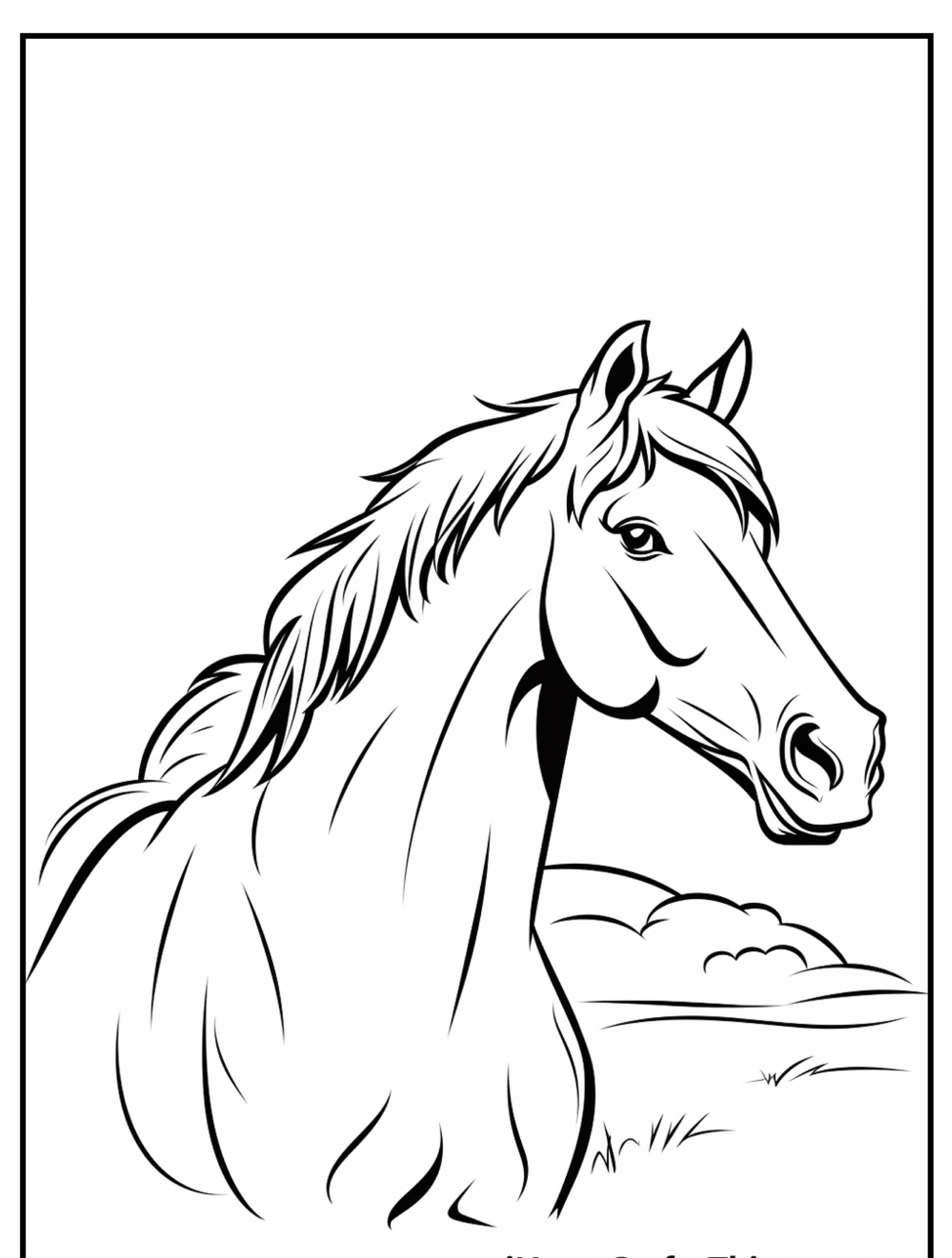 Desenho de um cavalo com crina esvoaçante, parado em um campo com colinas ao fundo — perfeito para quem busca um cavalo para colorir.