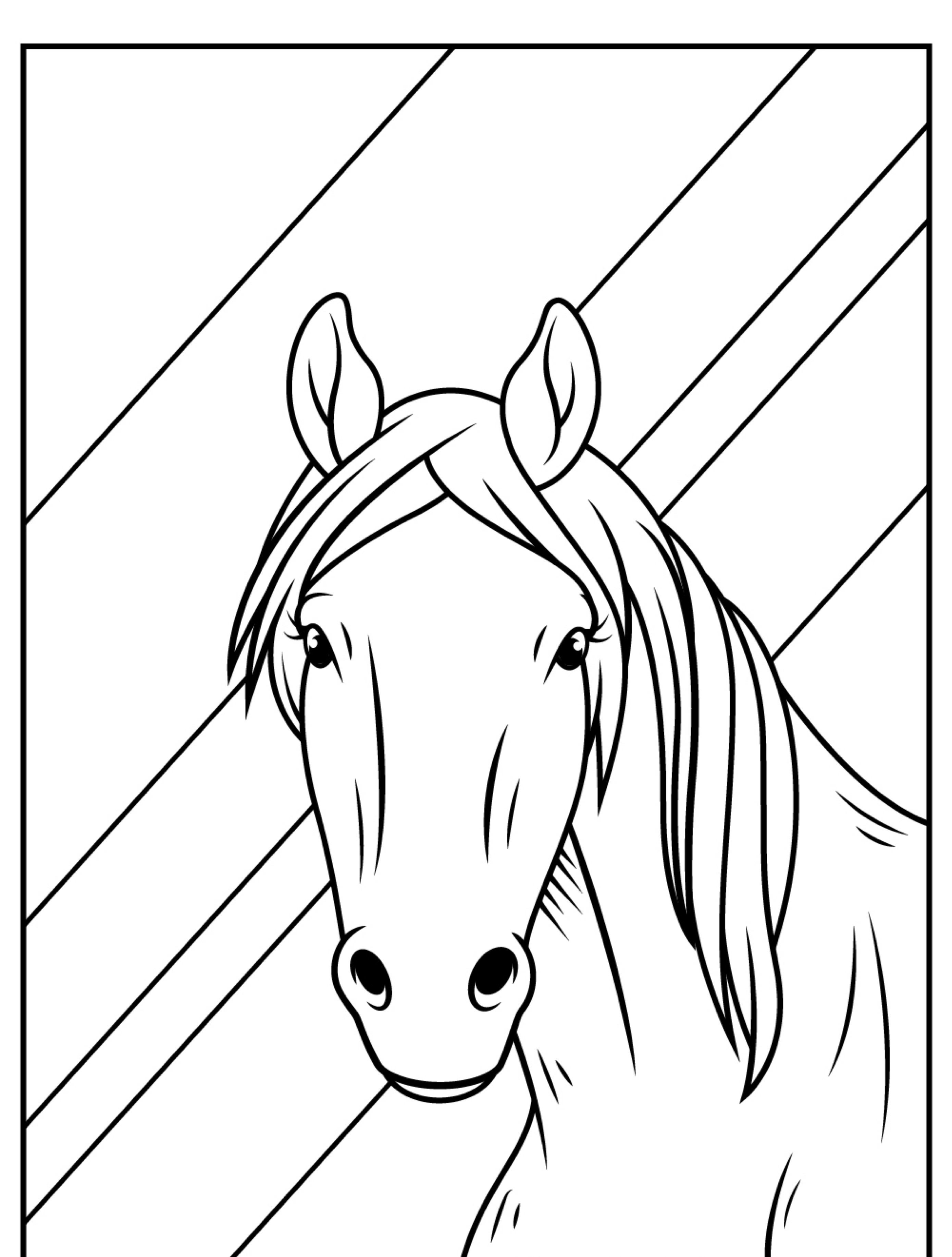 Desenho de contorno da cabeça e pescoço de um cavalo sobre um fundo com linhas diagonais, perfeito para um desenho para colorir.