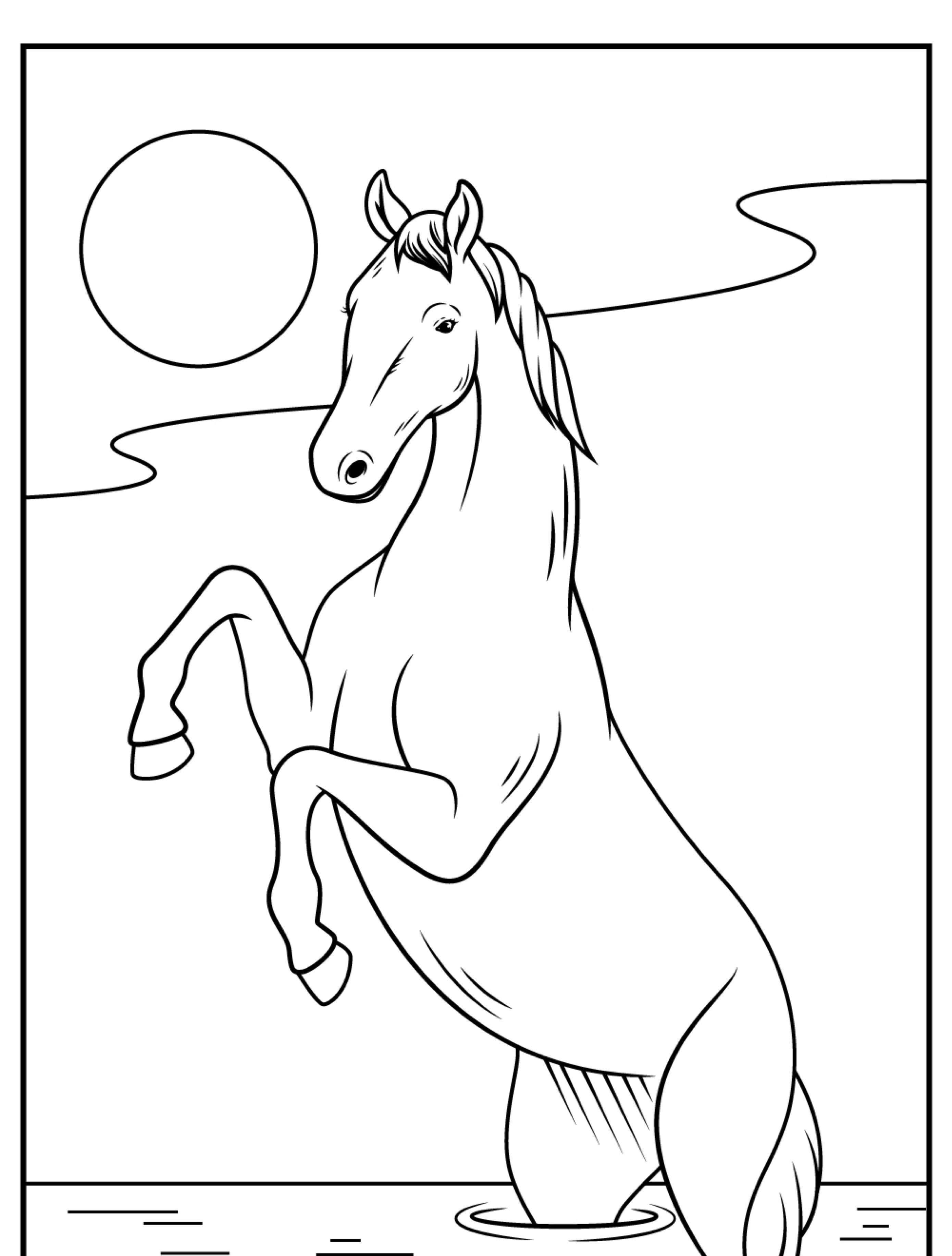 Um cavalo empinado na água, com o sol e as nuvens ao fundo. Desenho de linha em preto e branco, perfeito como desenho para colorir.