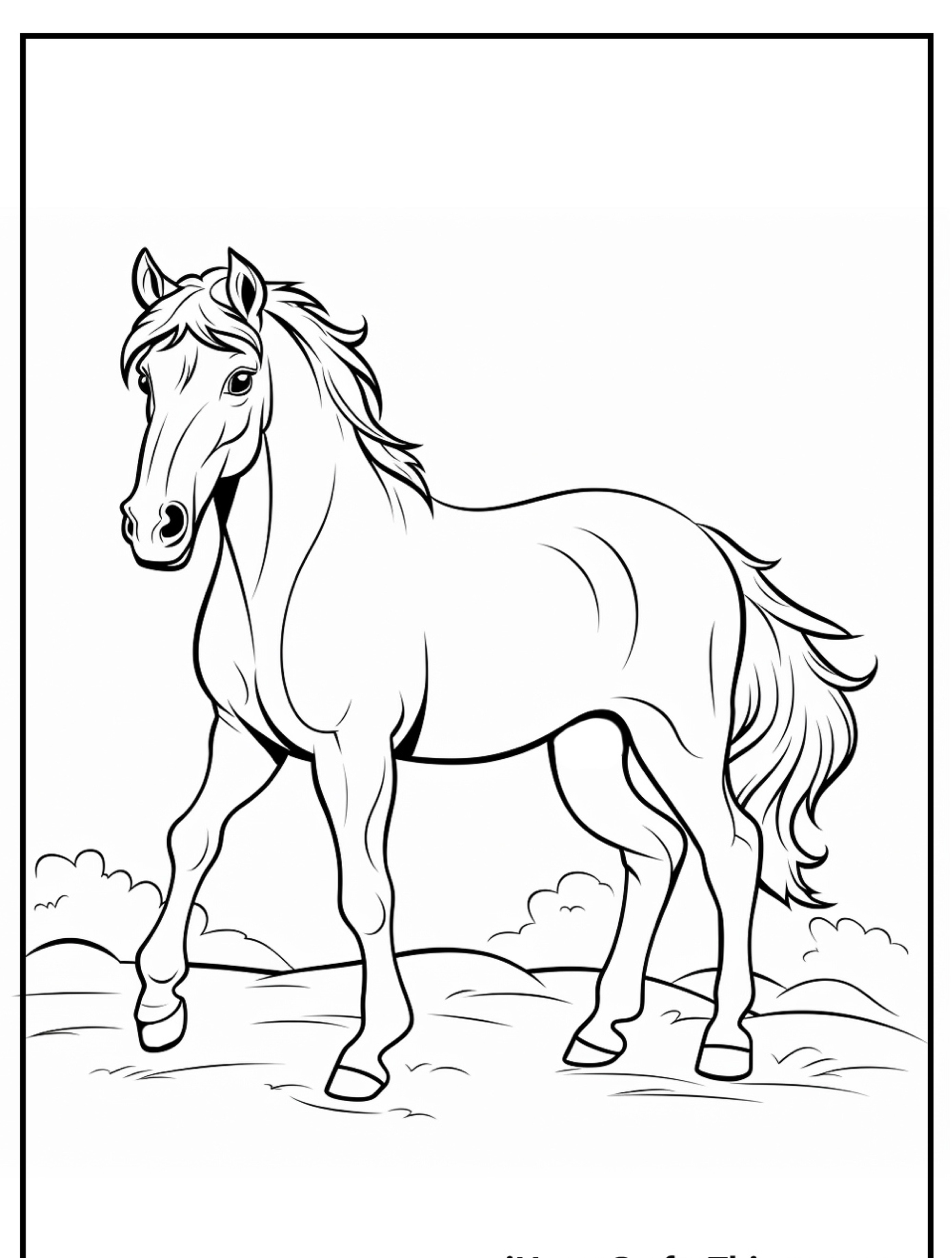 Desenho em preto e branco de um cavalo para colorir, em pé na grama com algumas nuvens ao fundo.