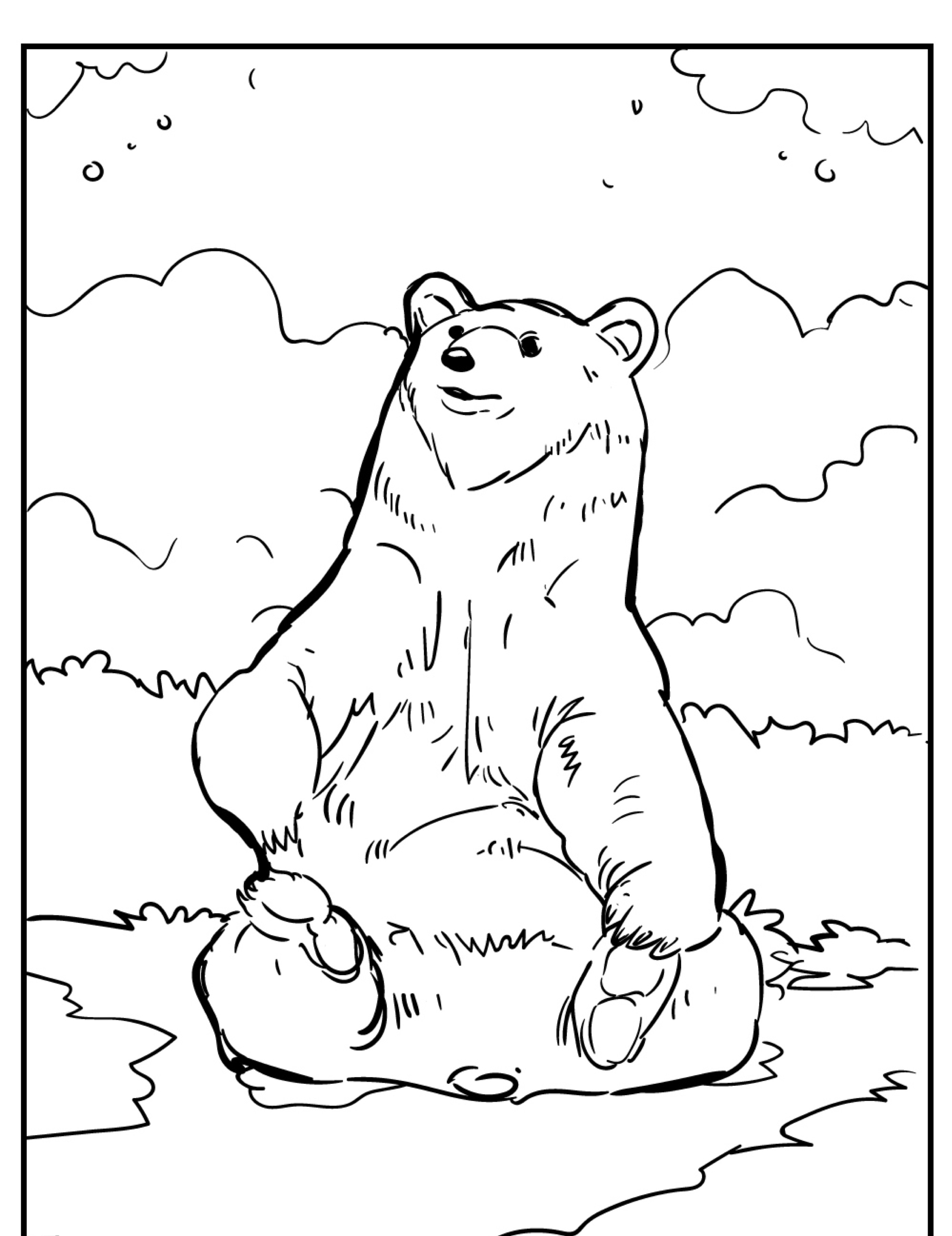 Um urso de desenho animado sentado ereto com uma expressão satisfeita, cercado por nuvens e natureza, pronto para você colorir este desenho encantador.