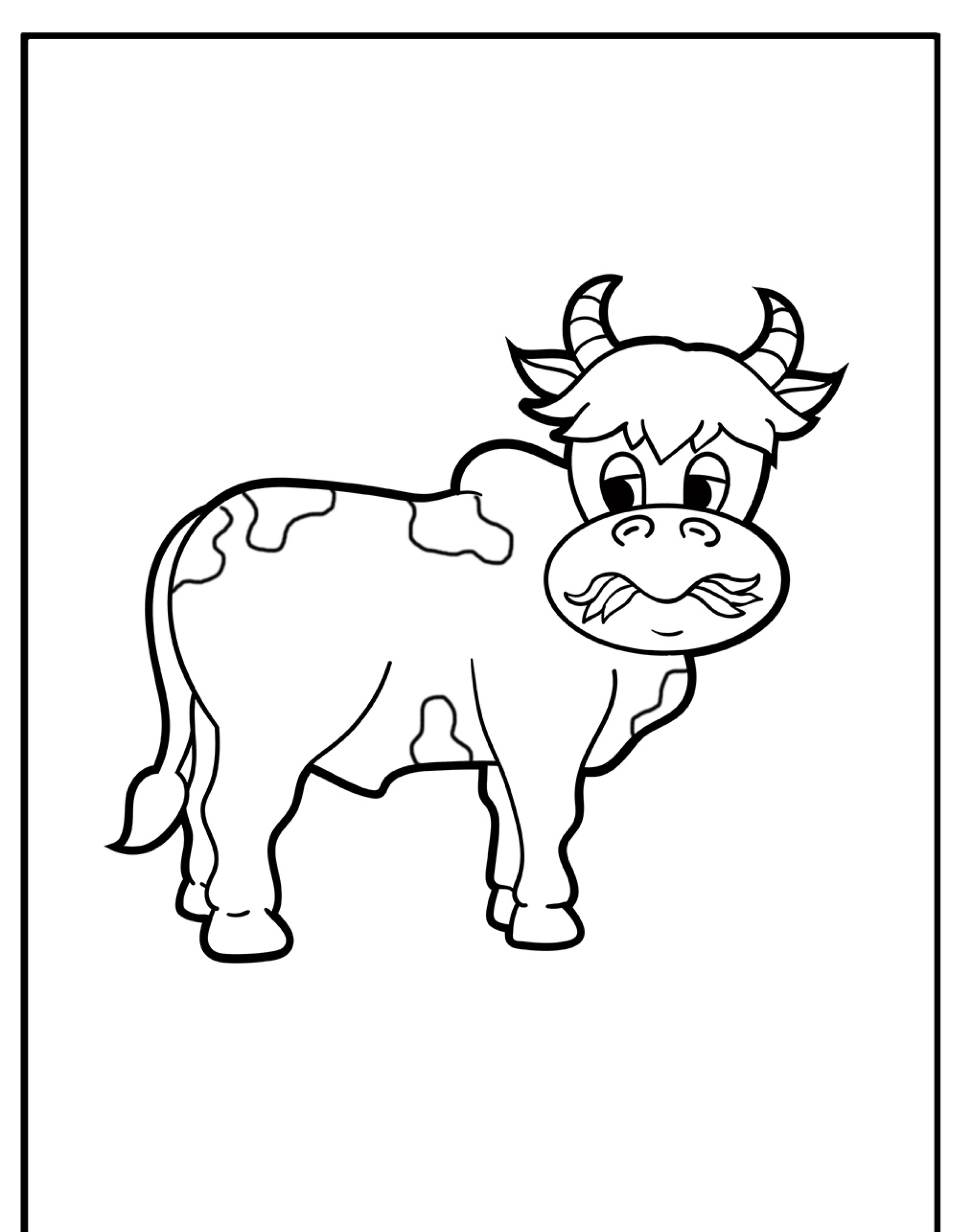 Desenho de desenho animado de uma vaca com chifres, um tufo de pelo na cabeça e manchas no corpo, contornado em preto. Ideal como vaca para colorir.