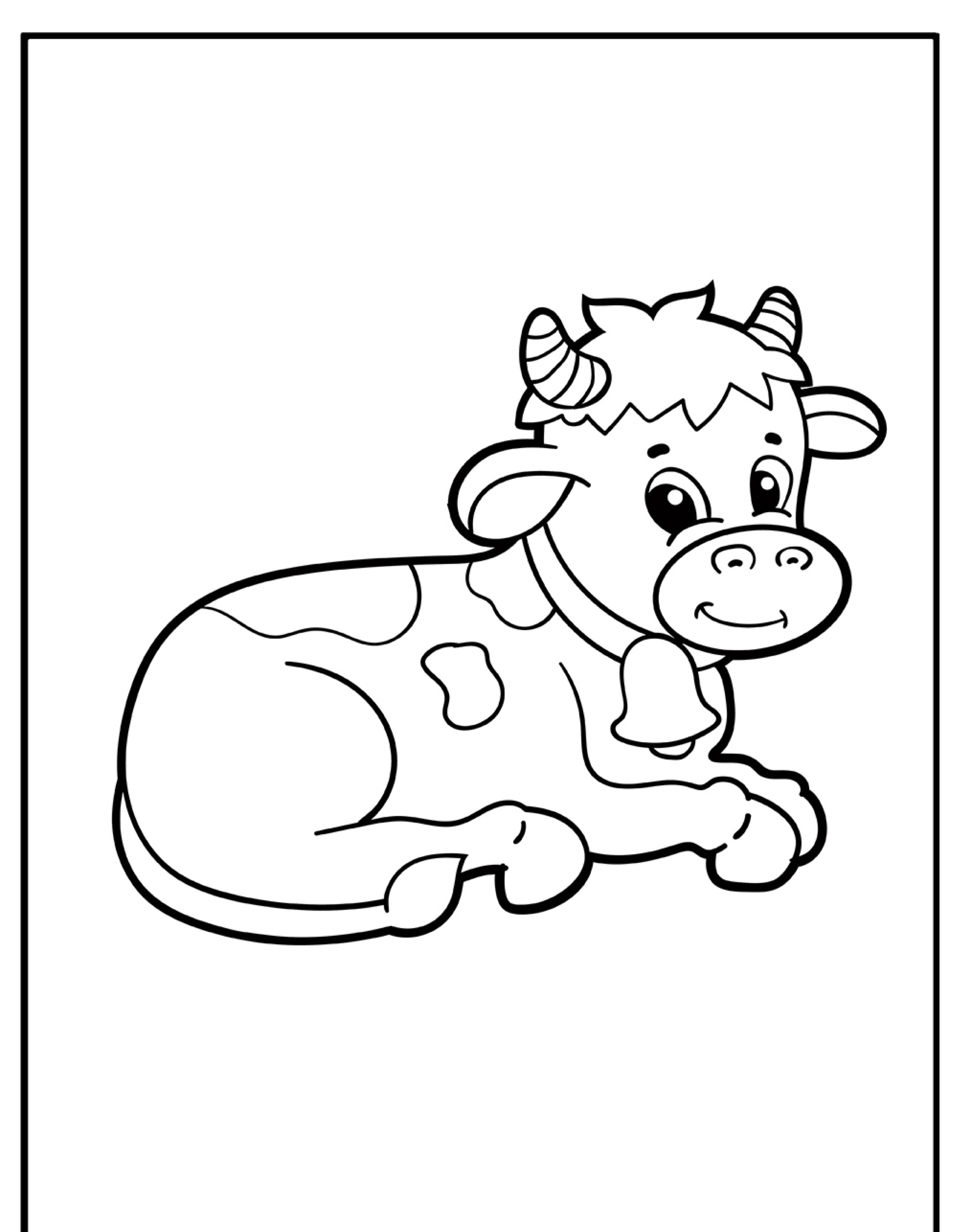 Um desenho animado em preto e branco de uma vaca fofa e sorridente deitada, perfeito para colorir.