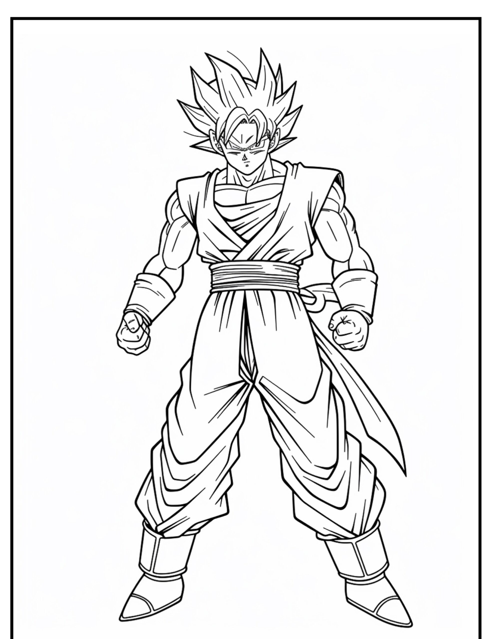 Desenho de um personagem de anime em uma postura poderosa com cabelo espetado, lembrando Goku, ostentando um cinto de faixa e braçadeiras. Ideal como um Desenho Para Colorir. Para Desenhar.