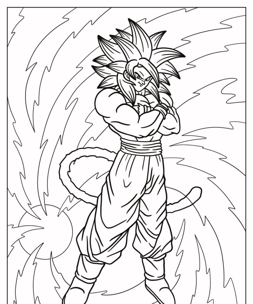 Goku, o personagem musculoso com cabelo e rabo espetados, está de braços cruzados contra um fundo giratório dinâmico. A versão Para Colorir Desenho destaca cada detalhe feroz. Para Desenhar.