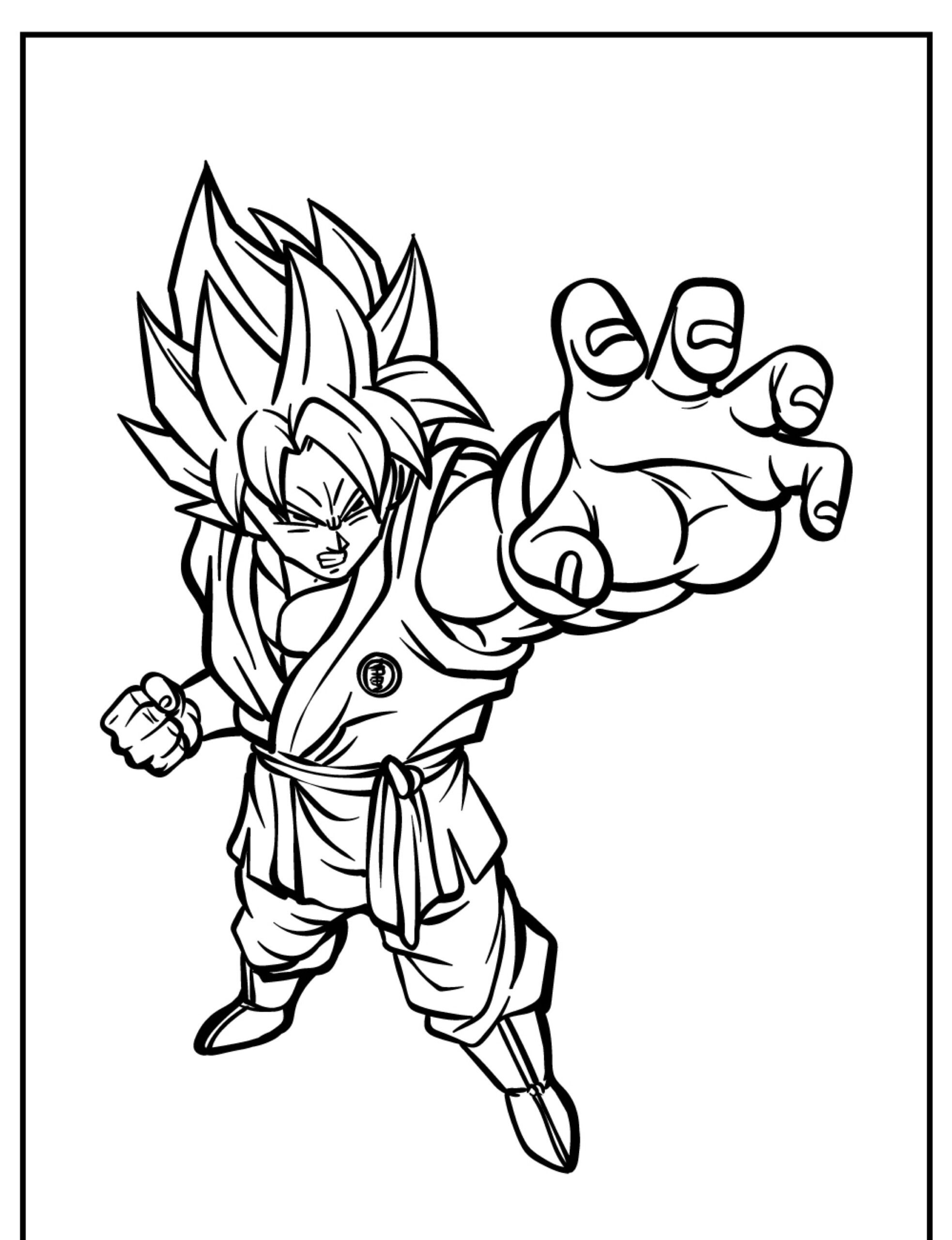 Desenho em preto e branco de um personagem de anime feroz, parecido com Goku, com cabelo espetado e mão estendida, em uma pose de ação dinâmica, pronto para colorir. Para Desenhar.