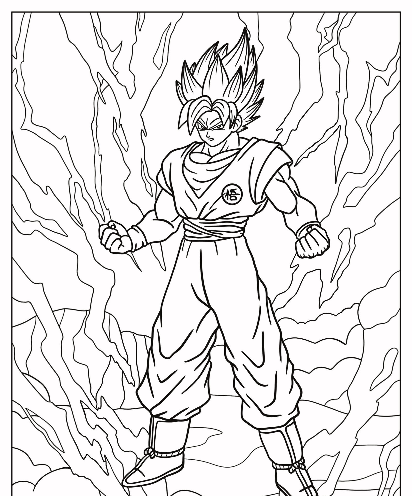 Um personagem com cabelo espetado, em uma pose poderosa, que lembra Goku, cercado por linhas de energia em um desenho em preto e branco. Para Desenhar.