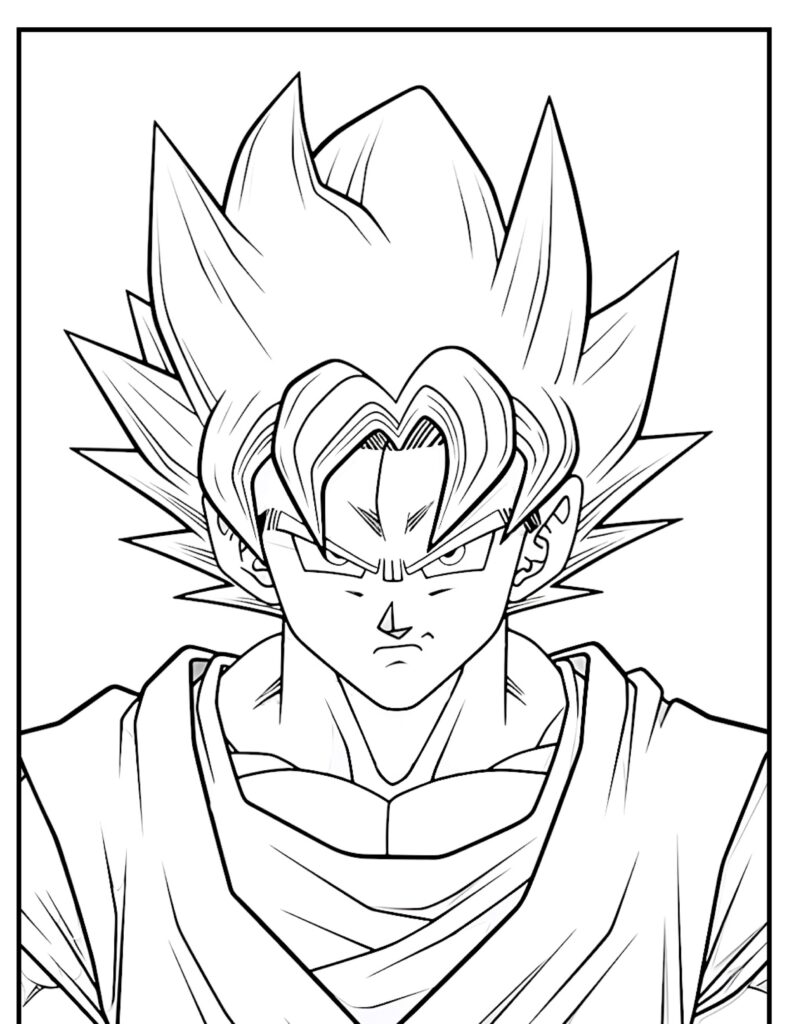 Desenho em preto e branco de um personagem de anime com cabelo espetado, olhar intenso e uma expressão séria, que lembra Goku. Para Desenhar.