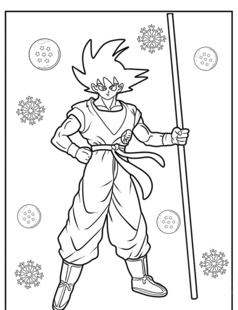 Um personagem em traje de guerreiro segurando um cajado, cercado por esferas do dragão e flocos de neve, apresentando Goku em um cativante Para Colorir Desenho. Para Desenhar.