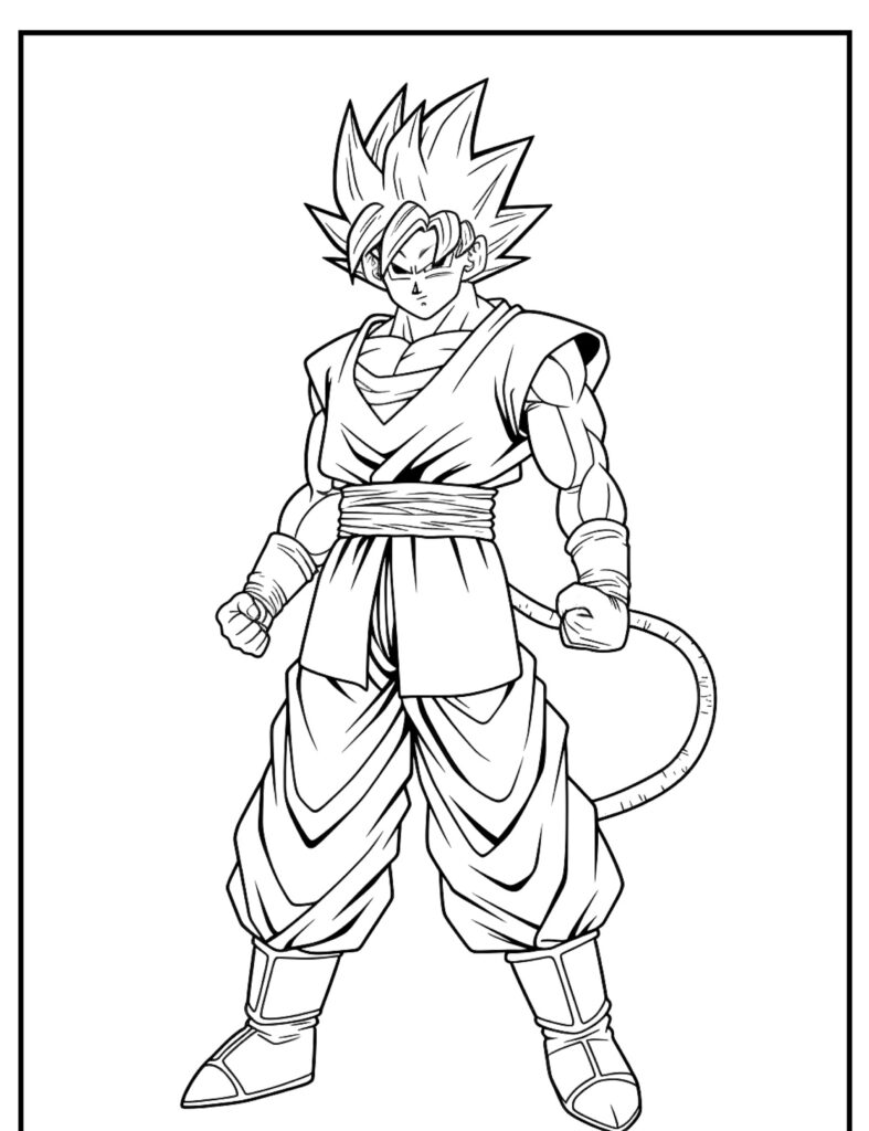 Desenho em preto e branco de um personagem musculoso com cabelo espetado, cauda e traje de artes marciais, em pé confiantemente. A pose lembra a postura icônica de Goku. Colorir esta imagem para dar vida ao seu herói de anime favorito! Para Desenhar.