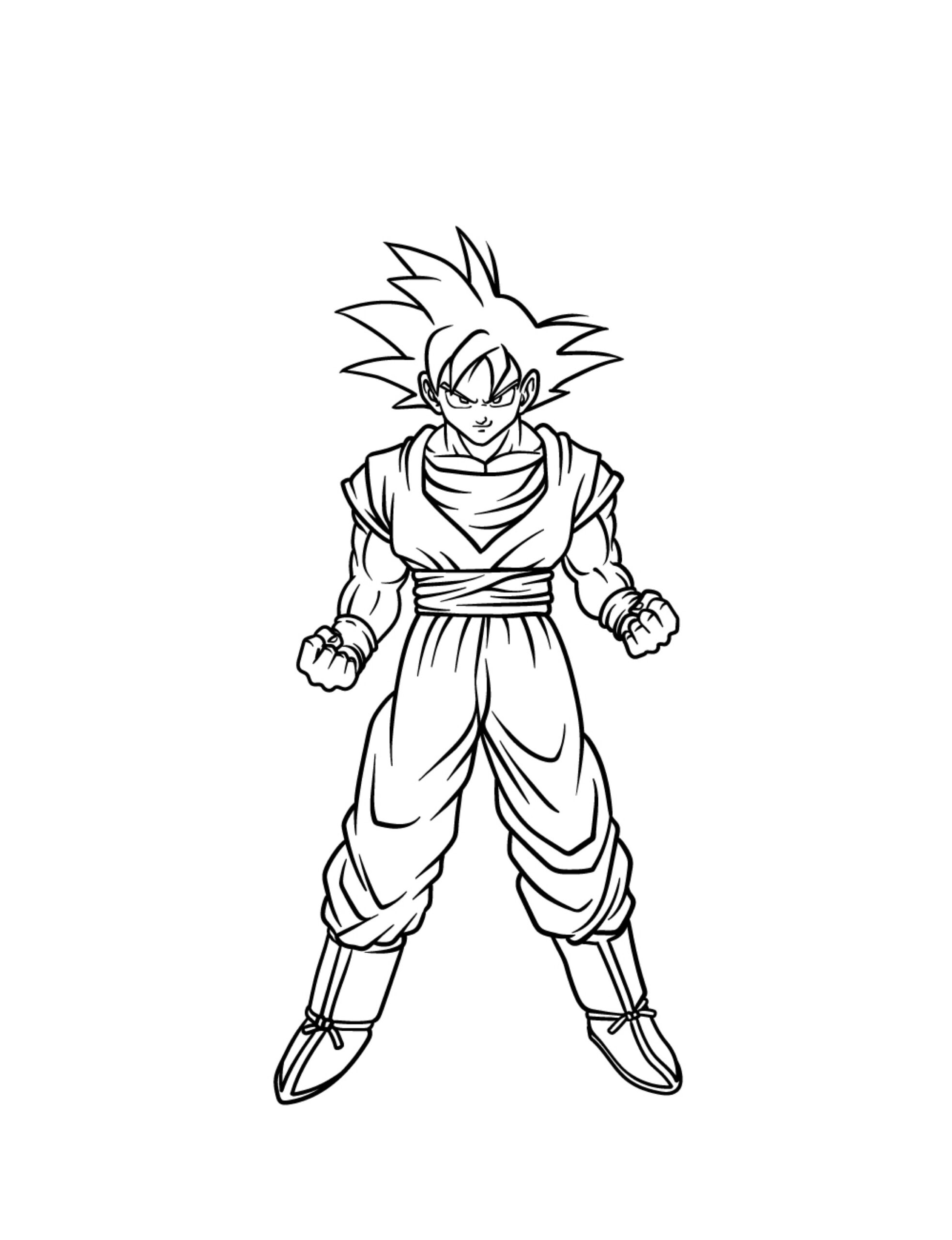 Desenho em preto e branco de um personagem de anime com cabelo espetado, vestindo uma roupa de artes marciais com punhos cerrados, perfeito para os fãs colorirem. Lembra o estilo icônico de Goku da série de anime clássica. Para Desenhar.