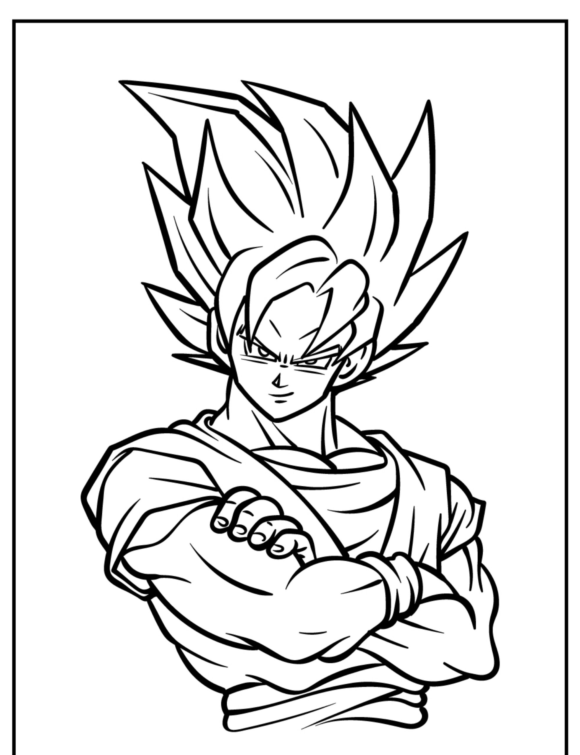 Desenho em preto e branco de um personagem musculoso com cabelo espetado como Goku, braços cruzados em uma pose confiante. Perfeito para aqueles que amam colorir e dar vida ao seu desenho favorito. Para Desenhar.